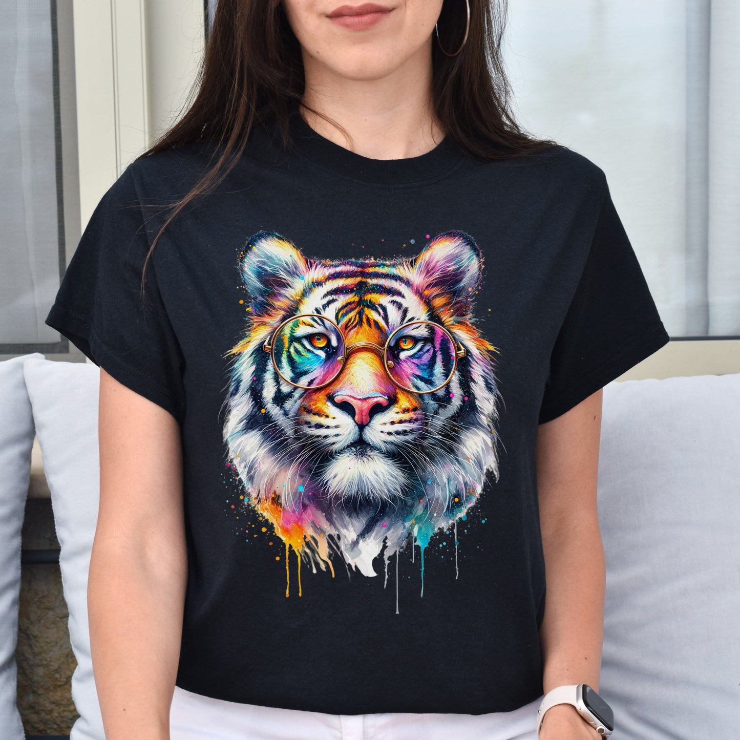 Tiger with eyeglasses Color Splash Unisex T-shirt Black Navy Dark Heather-Family-Gift-Planet