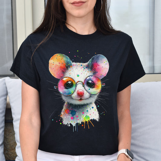 Whimsical mouse with glasses Color Splash Unisex T-shirt Black Navy Dark Heather-Black-Family-Gift-Planet