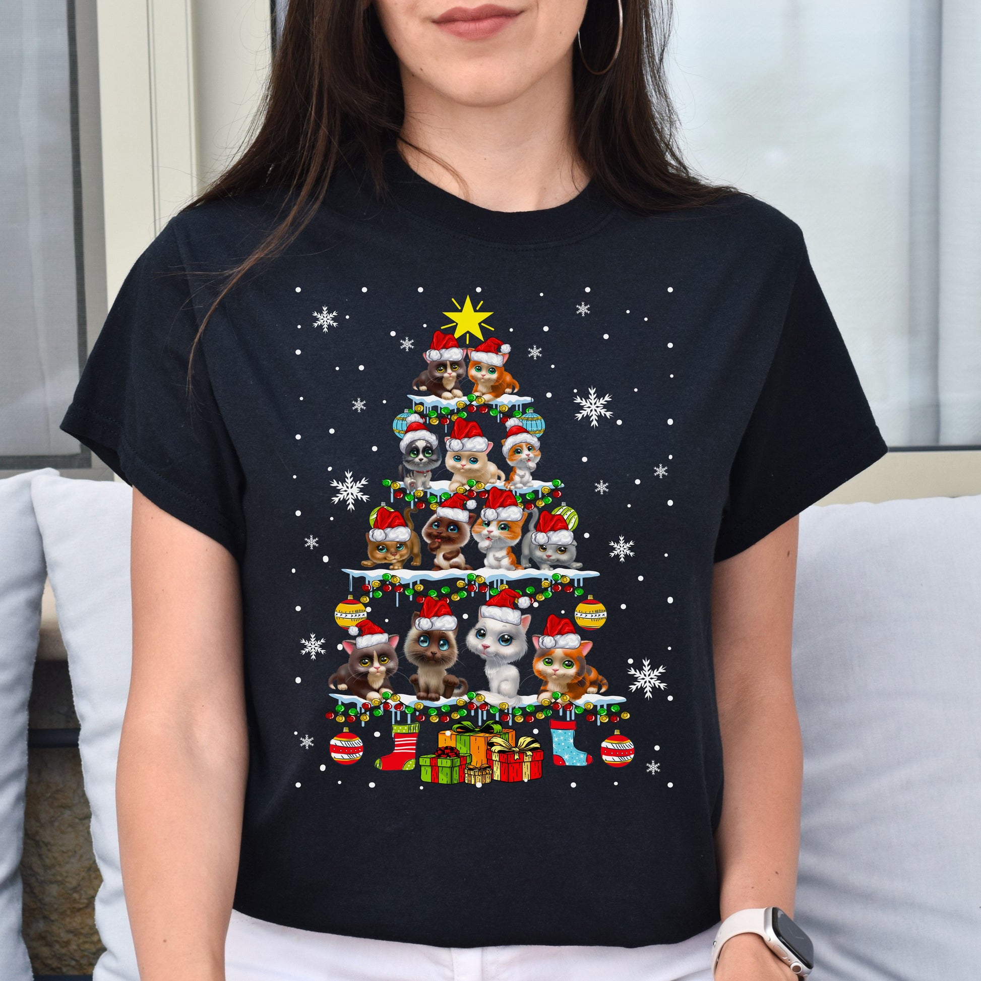 Cat Christmas tree Unisex shirt cat Holiday tee Black Dark Heather-Black-Family-Gift-Planet