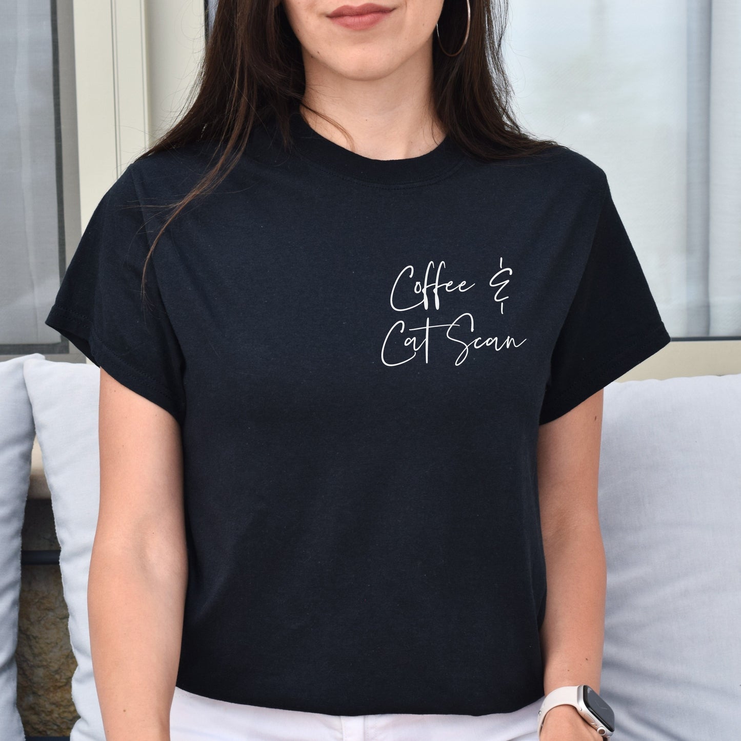 Coffee and cat scan pocket Unisex T-shirt Cat scan tee Black Navy Dark Heather-Black-Family-Gift-Planet