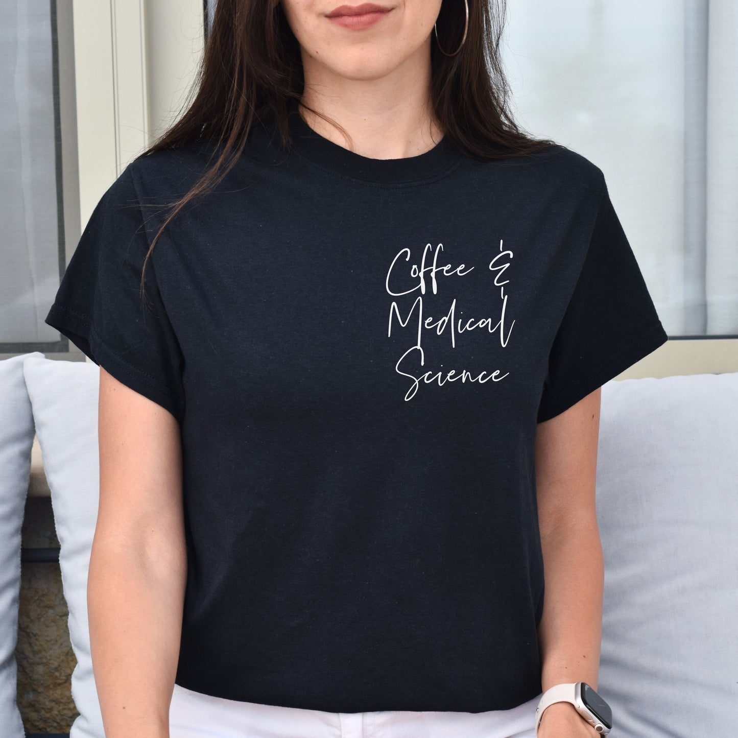 Coffee and medical science pocket Unisex Med scientist tee T-shirt Black Navy Dark Heather-Family-Gift-Planet