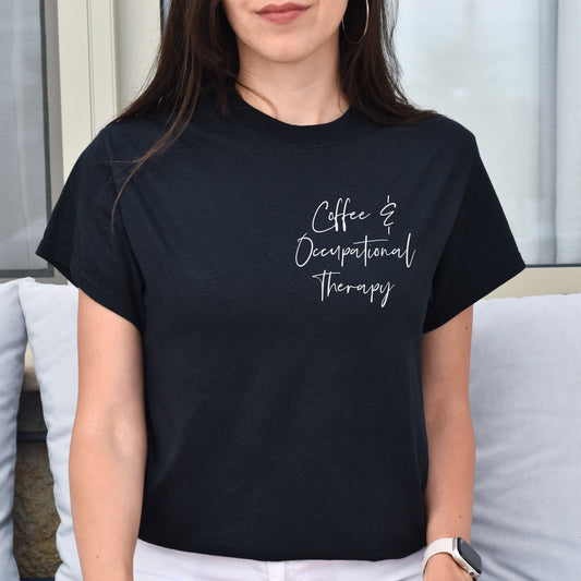 Coffee and occupational therapy pocket Unisex T-shirt OT tee Black Navy Dark Heather-Black-Family-Gift-Planet