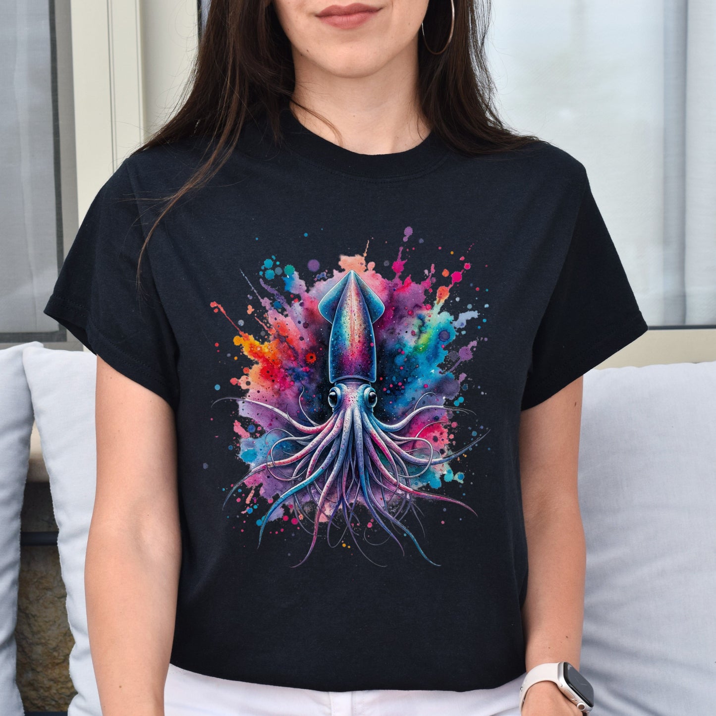 Artistic Deep sea squid Color Splash Unisex T-shirt Black Navy Dark Heather-Family-Gift-Planet