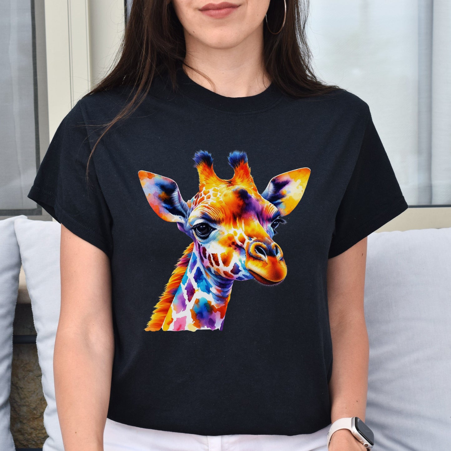Artistic Giraffe vibrant colorful Unisex T-shirt Black Navy Dark Heather-Family-Gift-Planet