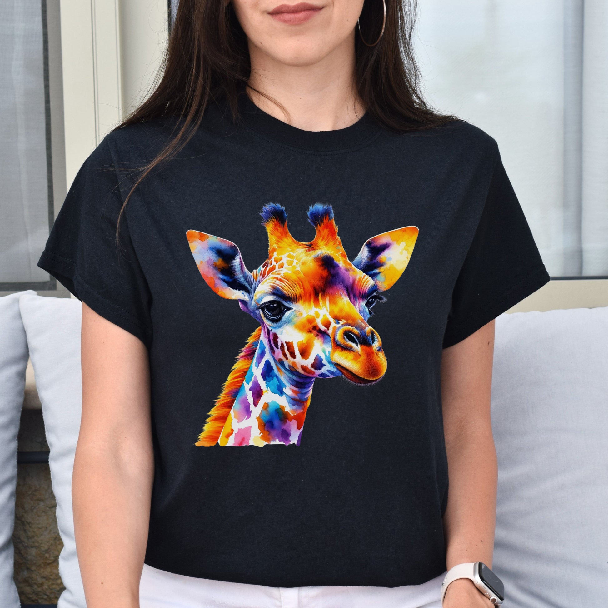 Artistic Giraffe vibrant colorful Unisex T-shirt Black Navy Dark Heather-Family-Gift-Planet