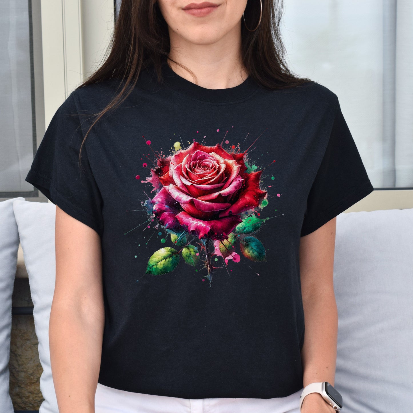 Artistic Rose flower Color Splash Unisex T-shirt Black Navy Dark Heather-Family-Gift-Planet