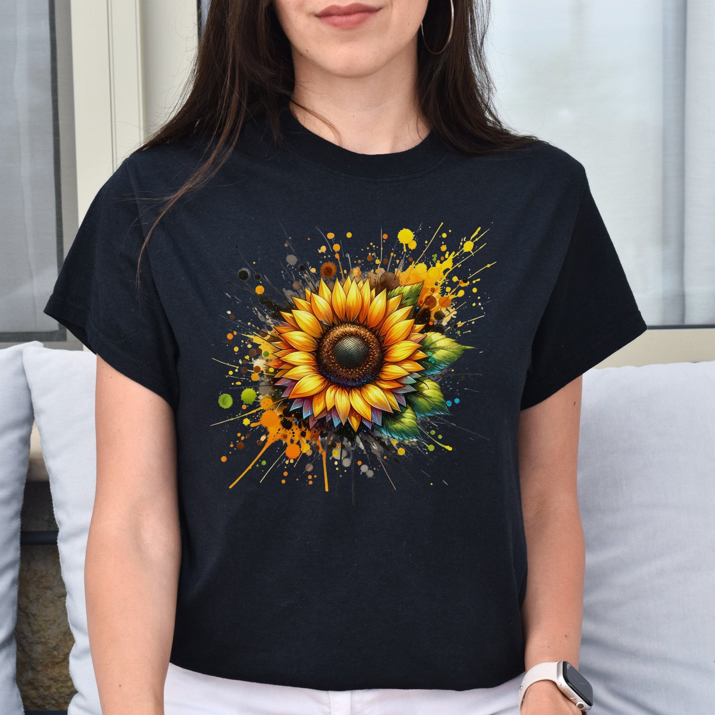 Artistic Sunflower Color Splash Unisex T-shirt Black Navy Dark Heather-Family-Gift-Planet