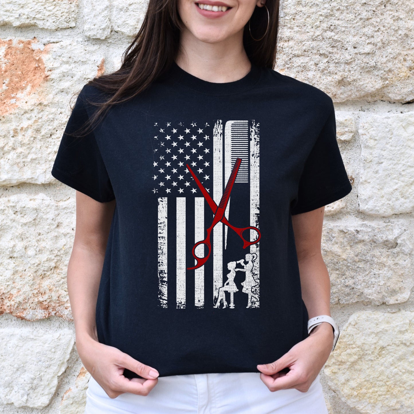 Hair stylist American flag Unisex T-shirt hairdresser haircutter tee black dark heather-Family-Gift-Planet