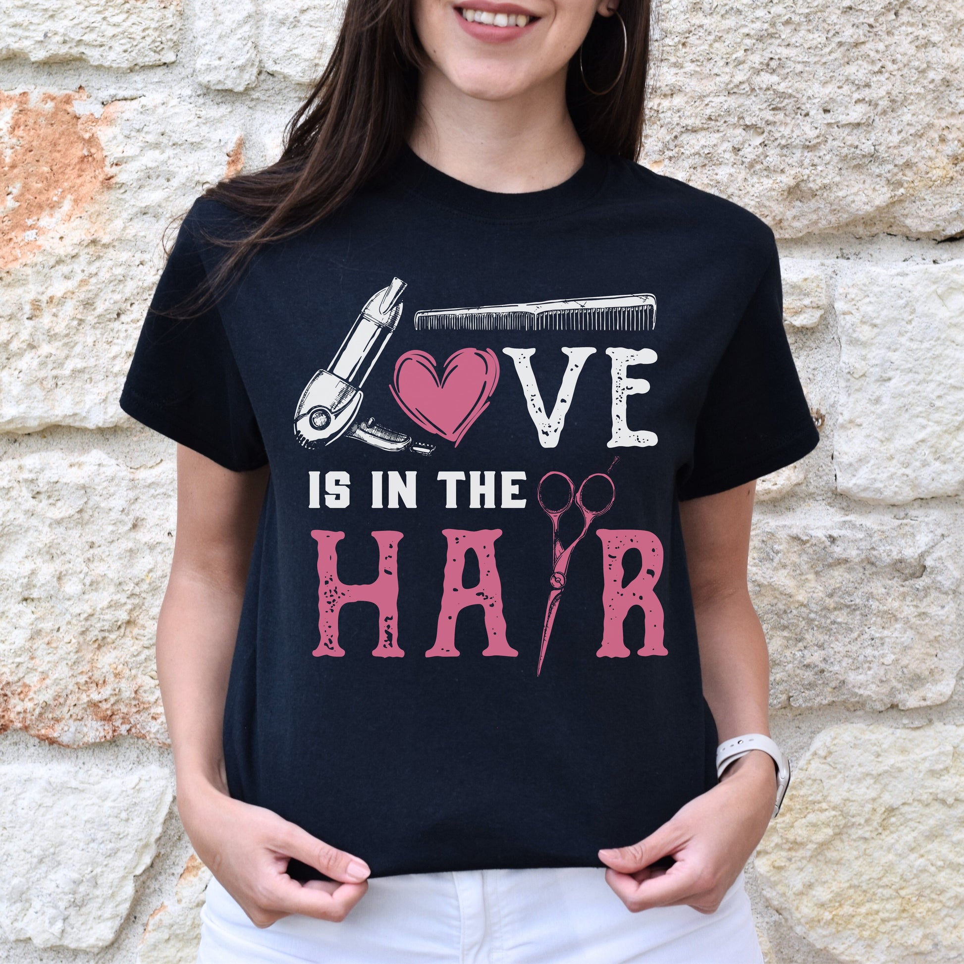 Love is in the hair Hairstylist Unisex T-shirt hairdresser haircutter tee black dark heather-Family-Gift-Planet