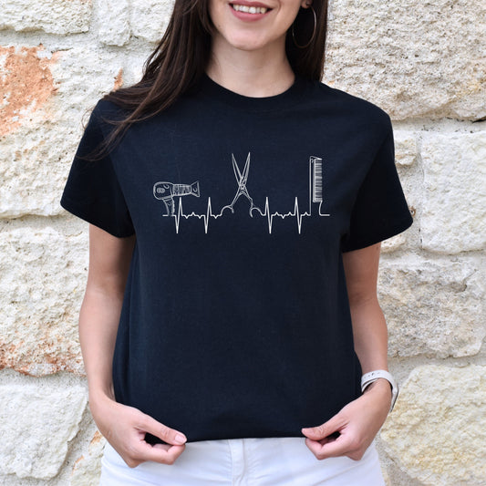 Hair stylist heartbeat Unisex T-shirt hairdresser haircutter tee black dark heather-Black-Family-Gift-Planet