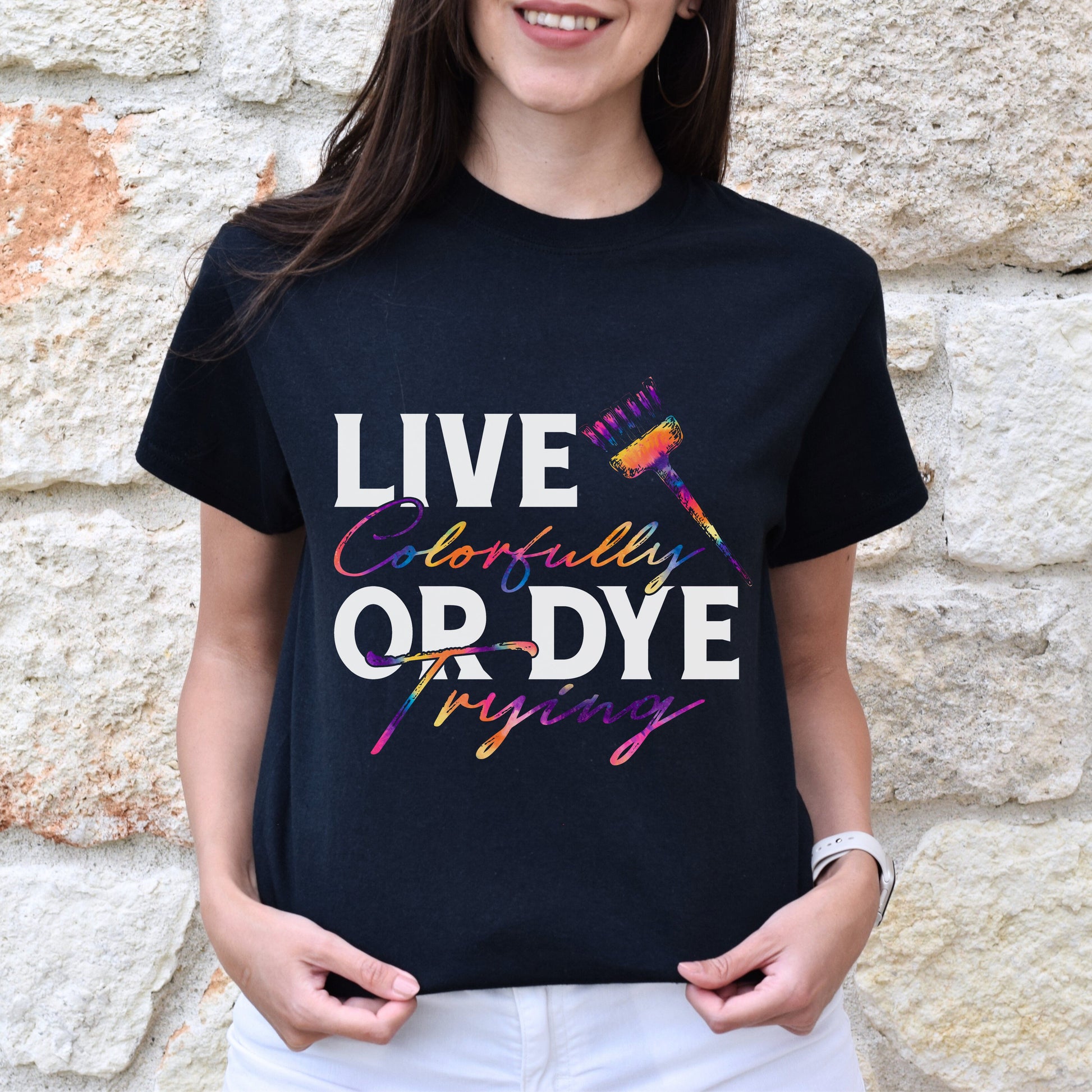 Live colorfully or dye trying Unisex T-shirt hairdresser haircutter tee black dark heather-Family-Gift-Planet