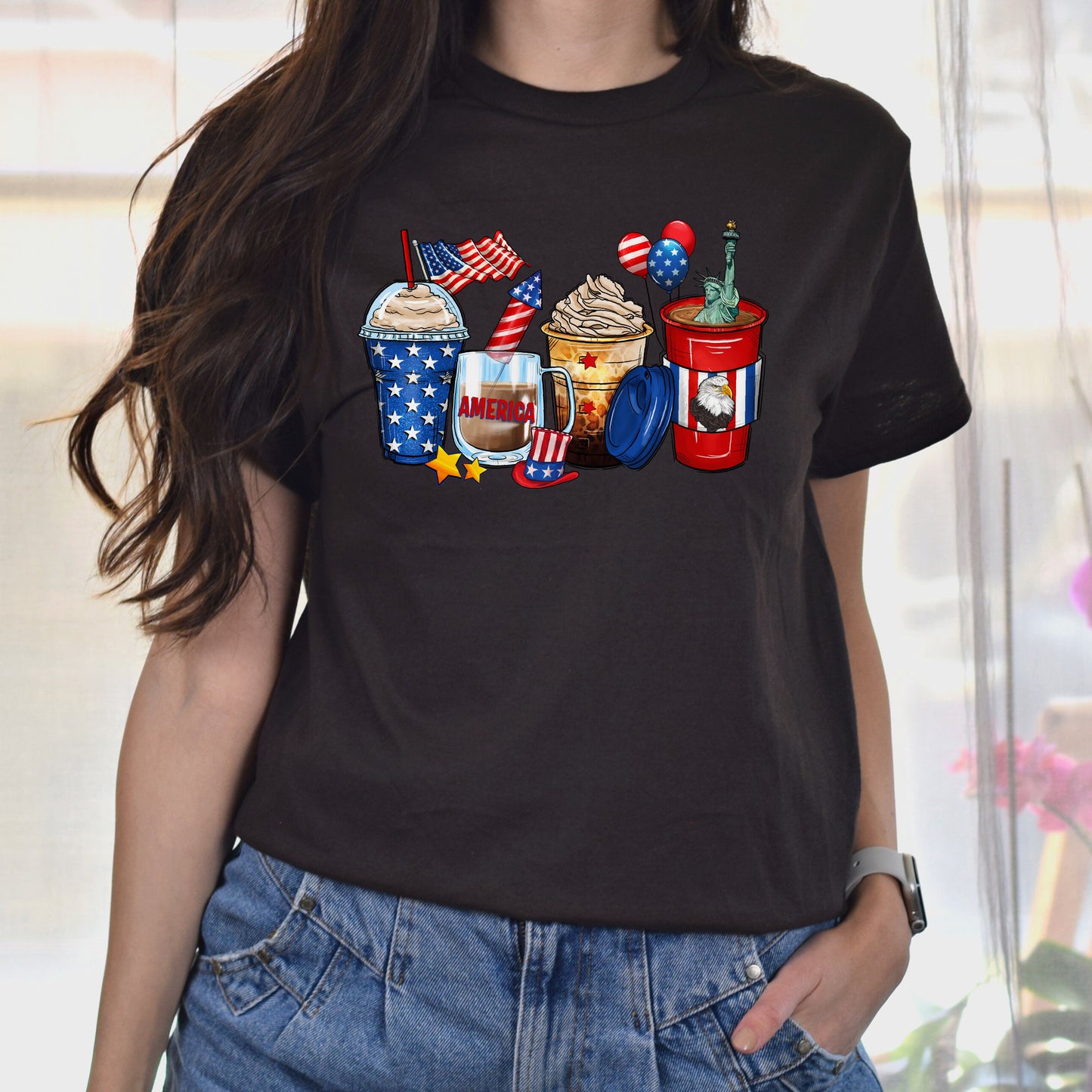 4th of July coffee cups unisex tshirt US Independence day S-5XL-Dark Chocolate-Family-Gift-Planet
