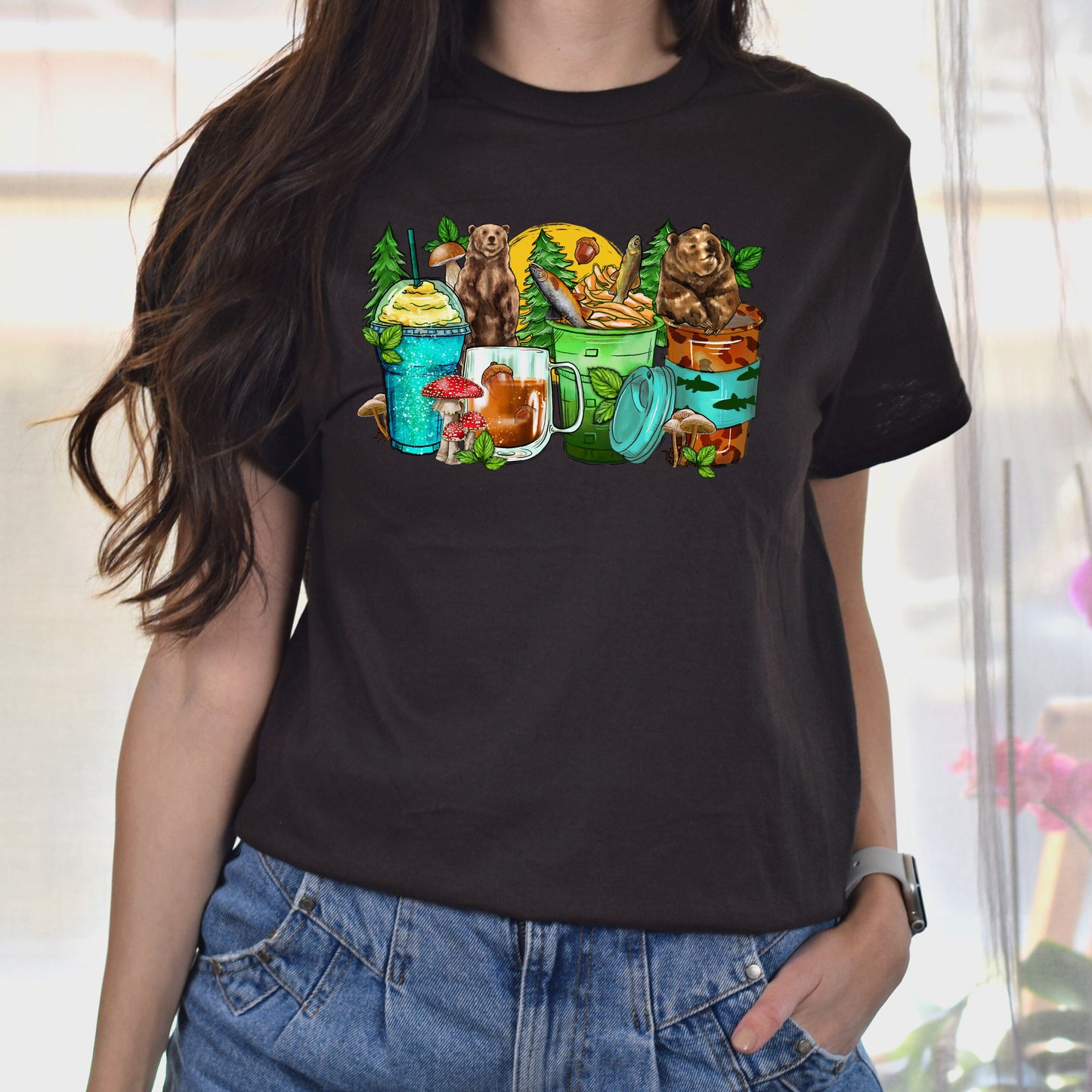 Bear and coffee cups unisex tshirt forest hunter tee S-5XL-Family-Gift-Planet