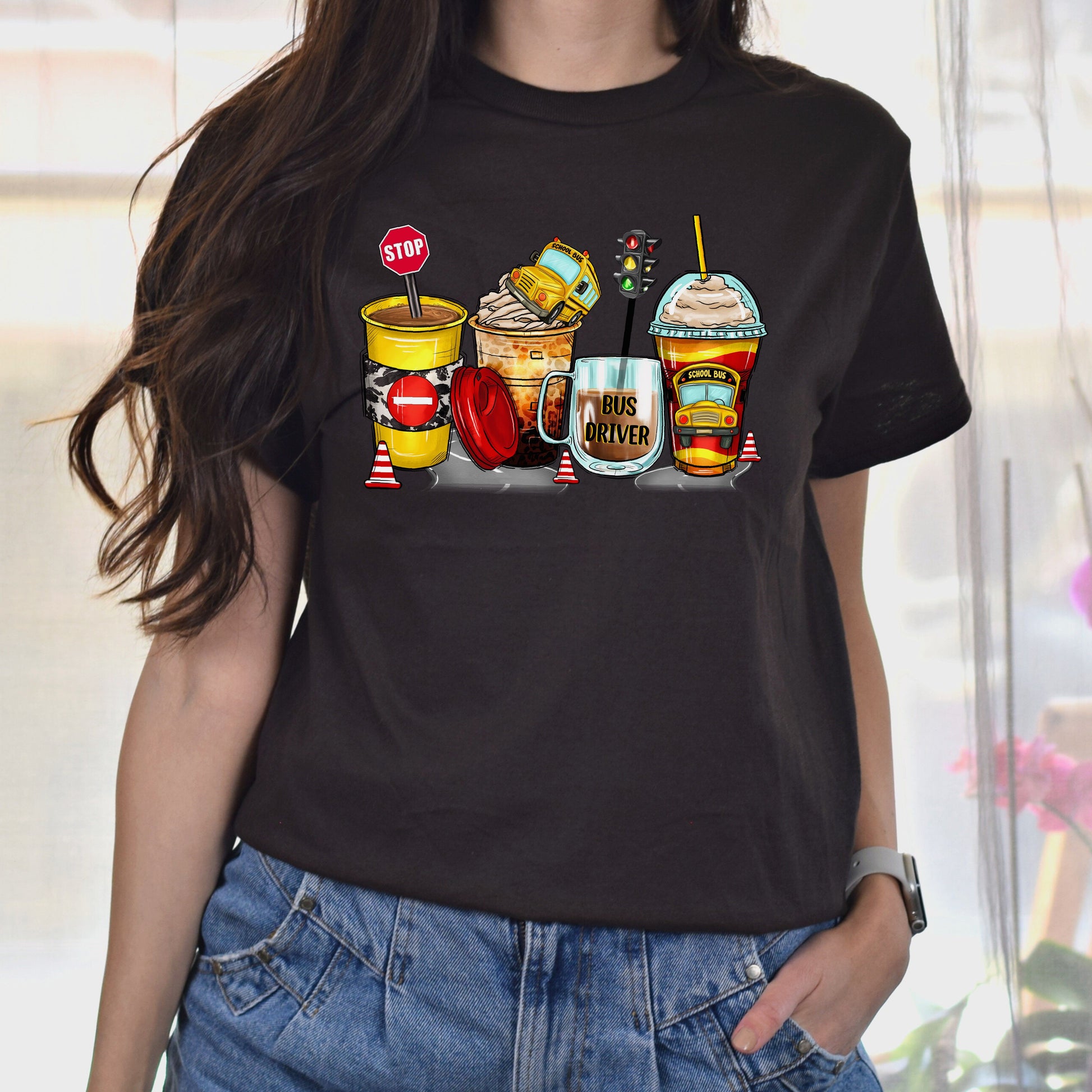 School bus driver and coffee cups unisex tshirt back to school tee S-5XL-Dark Chocolate-Family-Gift-Planet