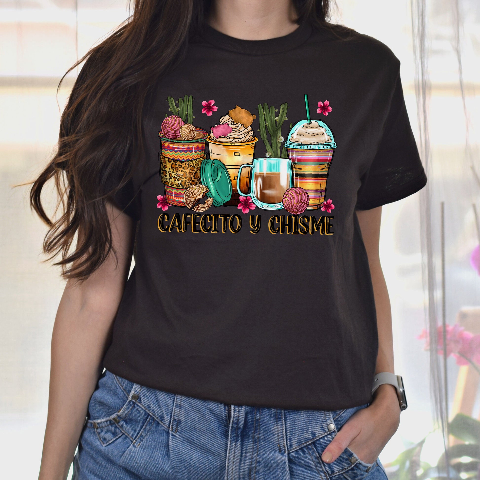 Cafecito y chisme coffee cups unisex tshirt Mexican coffee lover tee S-5XL-Family-Gift-Planet