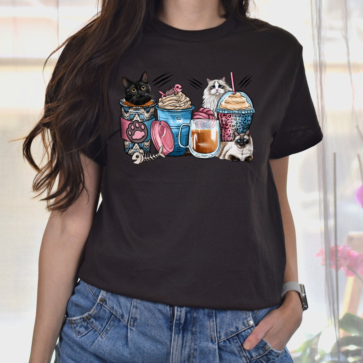 Cats coffee cups unisex tshirt cats owner tee S-5XL-Dark Chocolate-Family-Gift-Planet