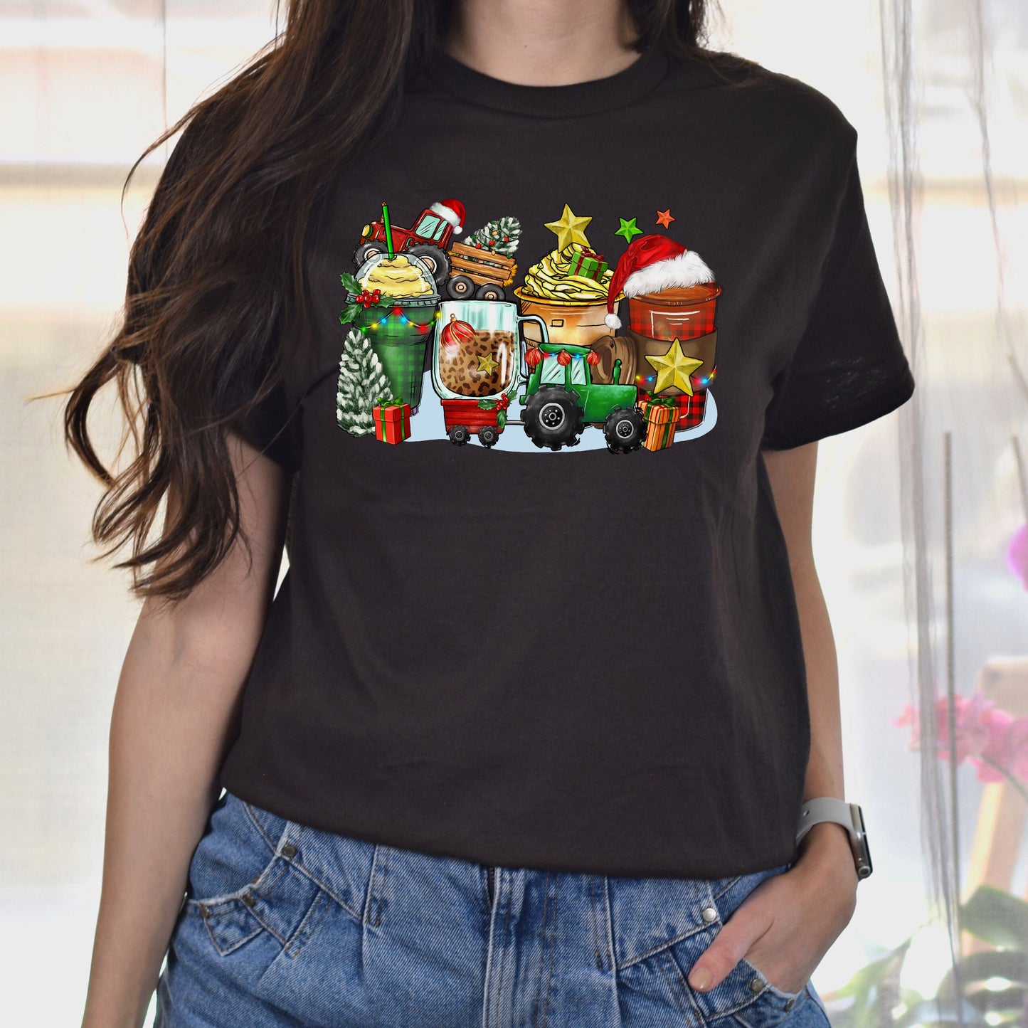 Christmas tractor and coffee cups unisex tshirt tractor owner tee S-5XL-Family-Gift-Planet