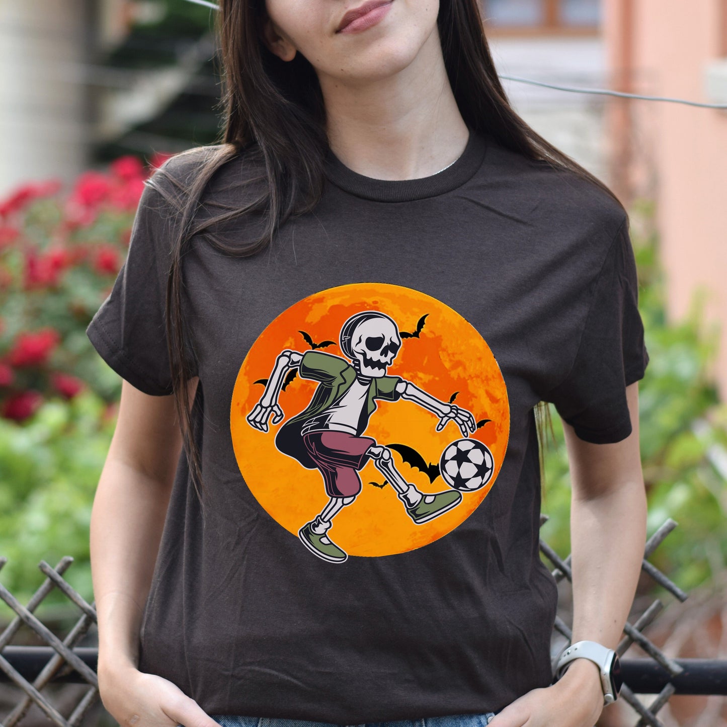 Football skeleton Halloween Unisex T-Shirt Soccer lover Soccer player Spooky tee Black Dark Chocolate-Dark Chocolate-Family-Gift-Planet