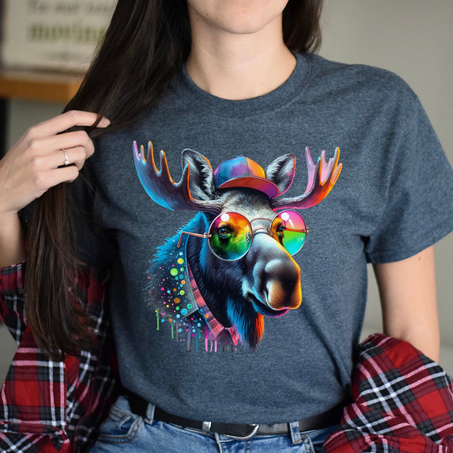 Moose Color Splash Unisex T-Shirt Cool Canadian moose Black Navy Dark Heather-Dark Heather-Family-Gift-Planet