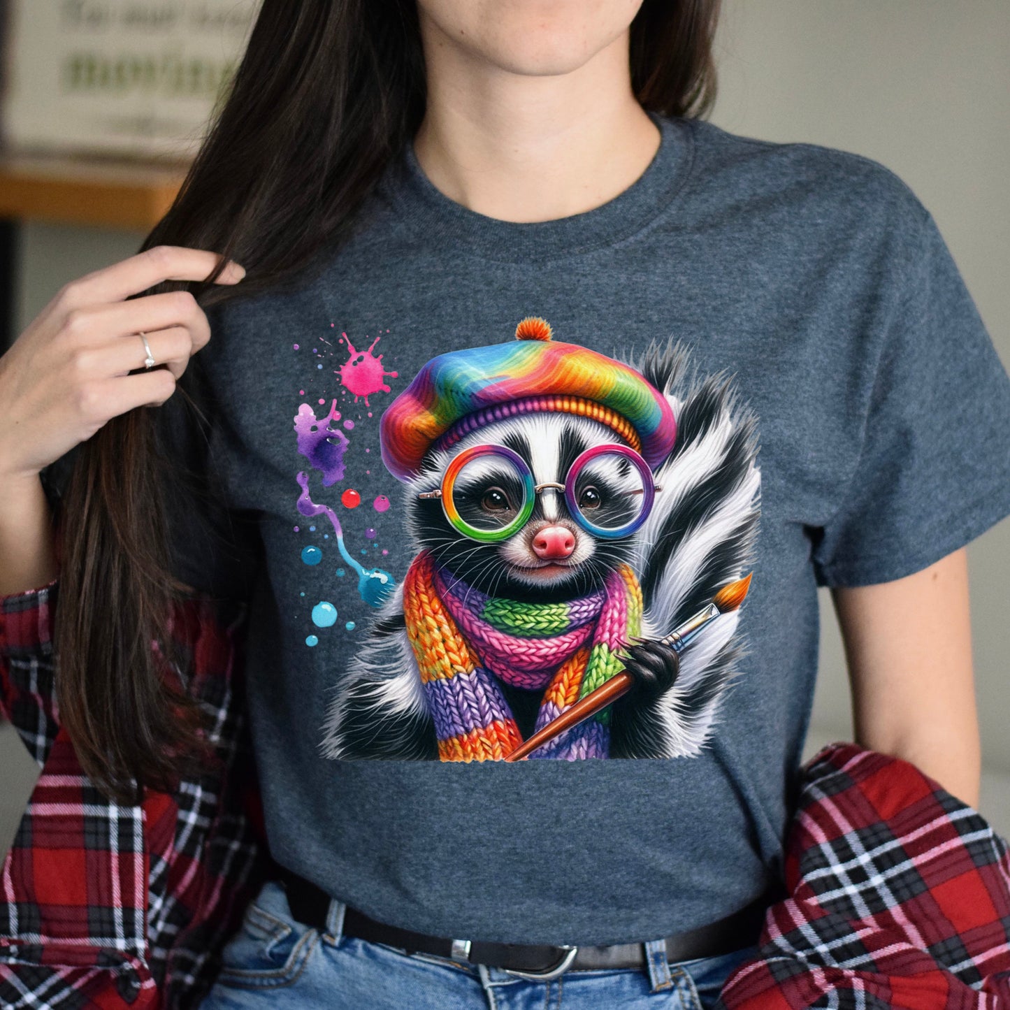 Skunk Artist Color Splash Unisex T-Shirt Art teacher tee Black Navy Dark Heather-Dark Heather-Family-Gift-Planet