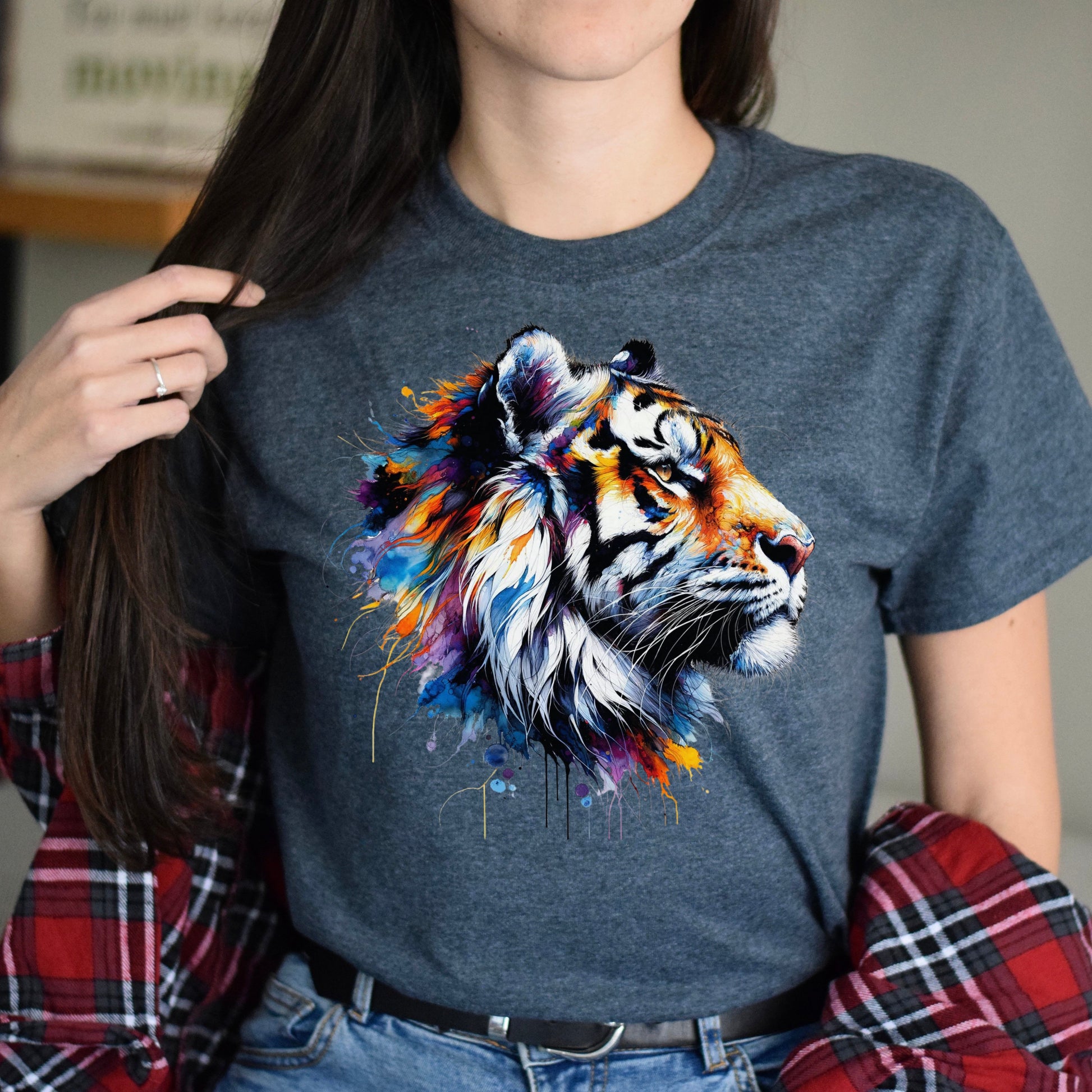 Handdrawn Trendy Tiger Color Splash Unisex T-shirt Black Navy Dark Heather-Dark Heather-Family-Gift-Planet