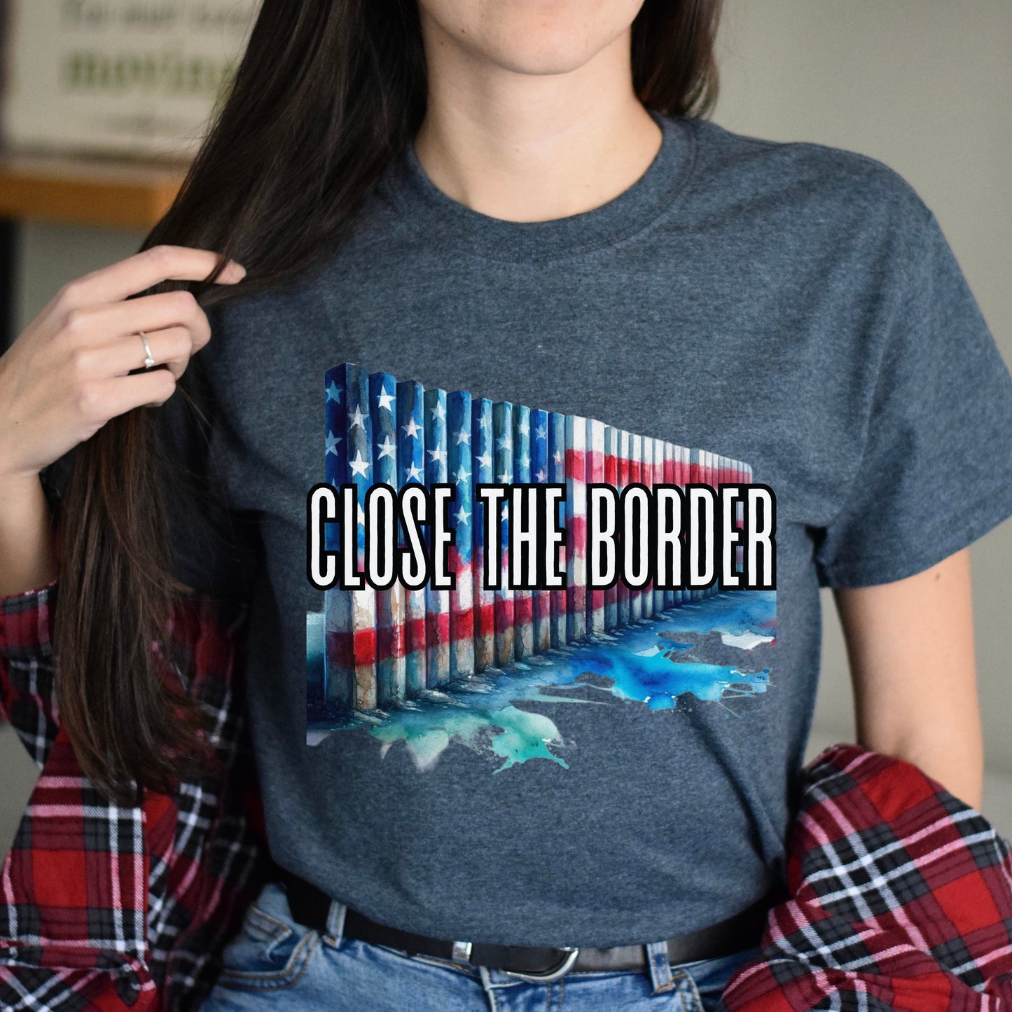 Texas support Close the border Unisex T-shirt US flag border tee Black Navy Dark Heather-Dark Heather-Family-Gift-Planet