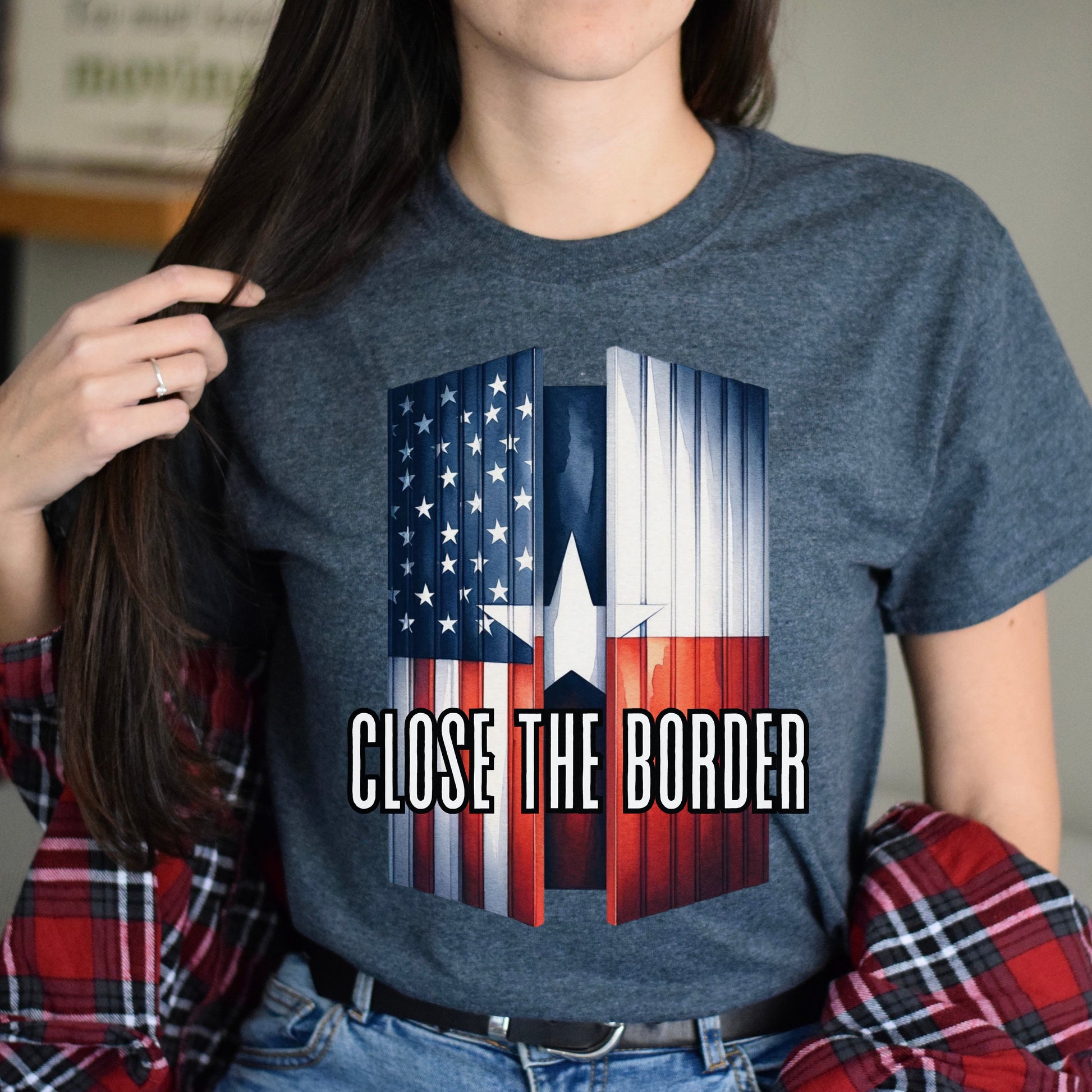 Texas Close the border Unisex T-shirt US flag Texas flag tee Black Navy Dark Heather-Dark Heather-Family-Gift-Planet