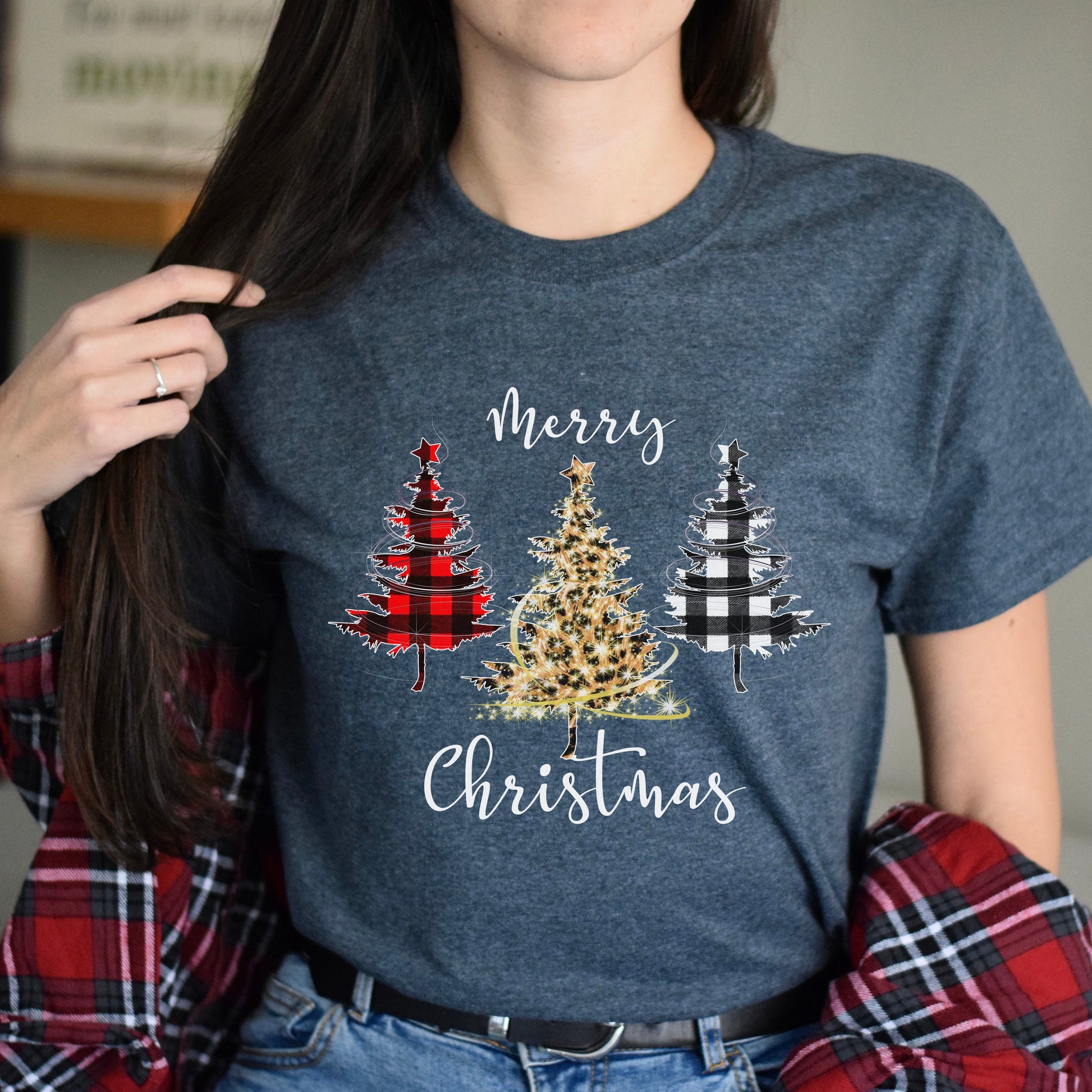 Merry Christmas Unisex shirt cute Holiday trees tee Black Dark Heather-Dark Heather-Family-Gift-Planet