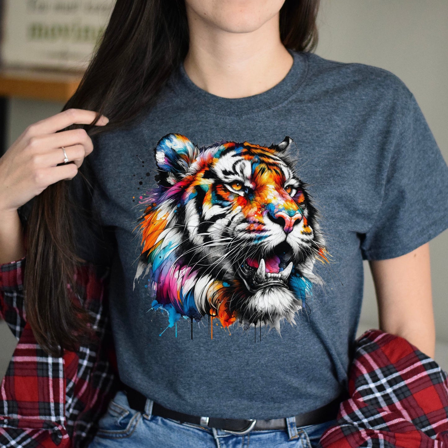 Abstract Tiger Color Splash Unisex T-shirt Black Navy Dark Heather-Dark Heather-Family-Gift-Planet