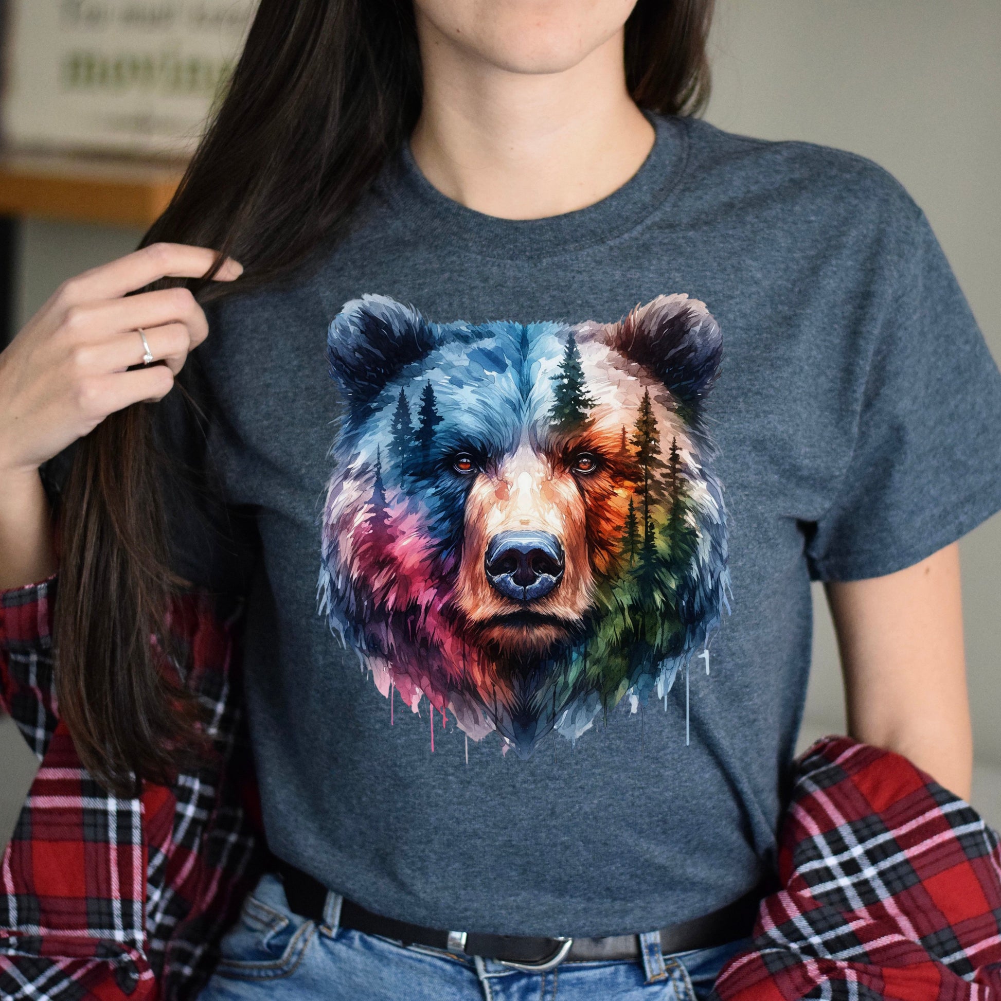 Grizzly and Forest Watercolor Unisex T-shirt Black Navy Dark Heather-Dark Heather-Family-Gift-Planet