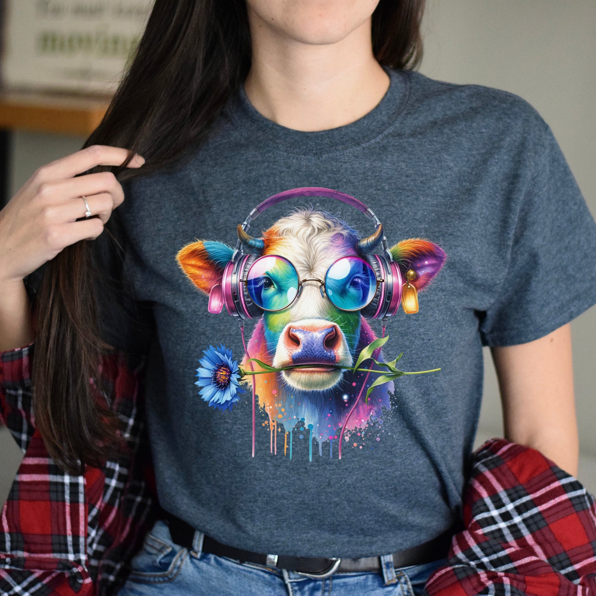 Cow with cornflower Colorful Unisex T-Shirt cattle farm tee Black Navy Dark Heather-Dark Heather-Family-Gift-Planet