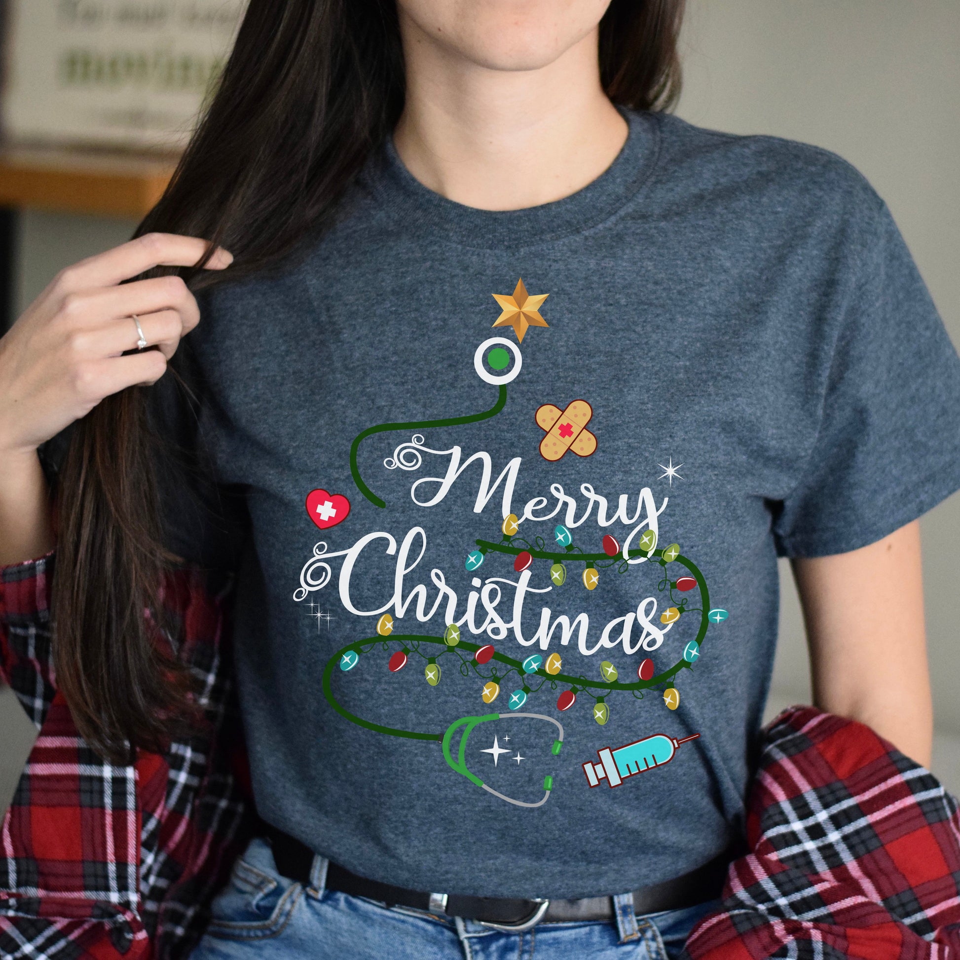 Nurse Christmas tree Unisex shirt Merry Christmas nurse tee Black Dark Heather-Dark Heather-Family-Gift-Planet