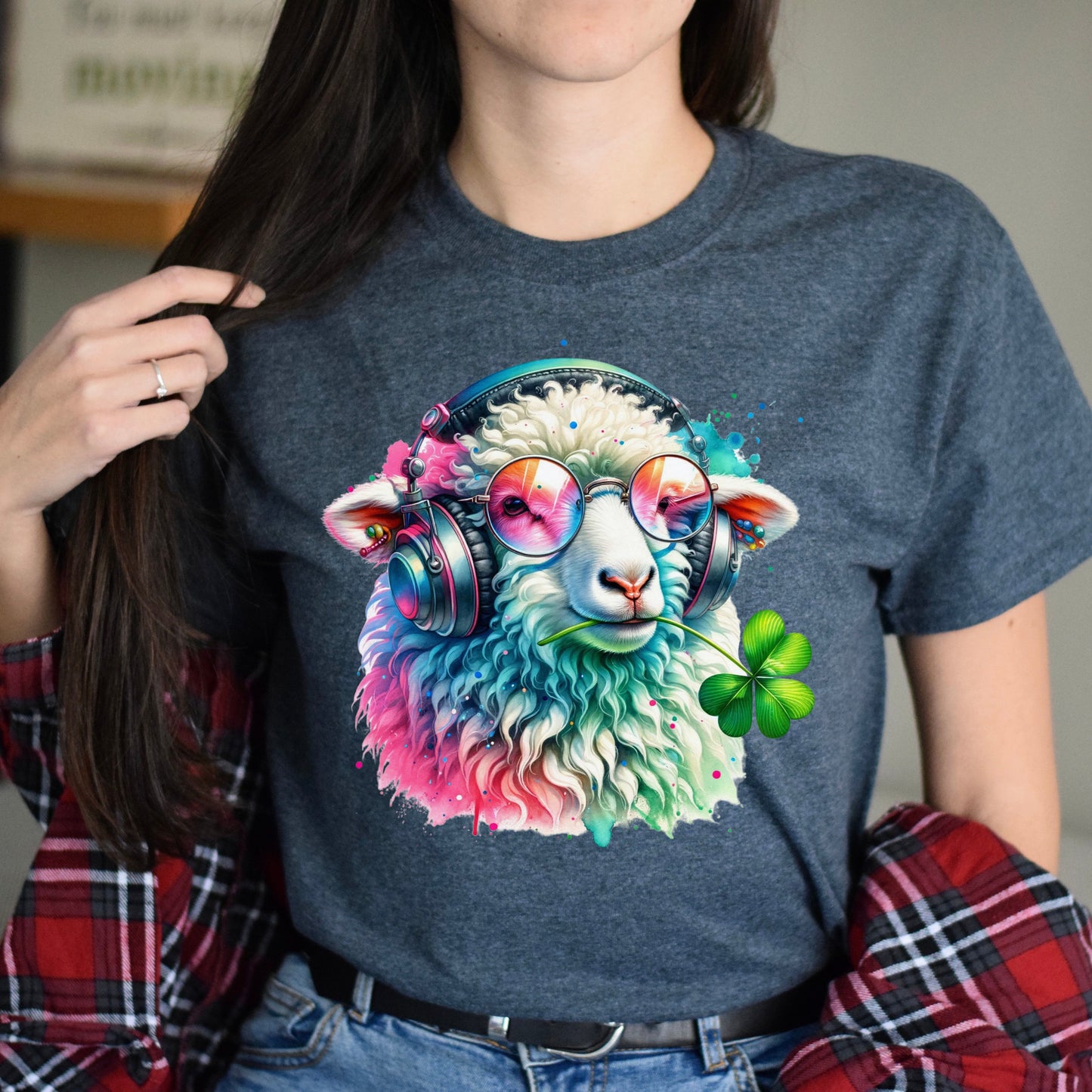 Irish Sheep with clover Colorful Unisex T-Shirt cool sheep farm tee Black Navy Dark Heather-Dark Heather-Family-Gift-Planet