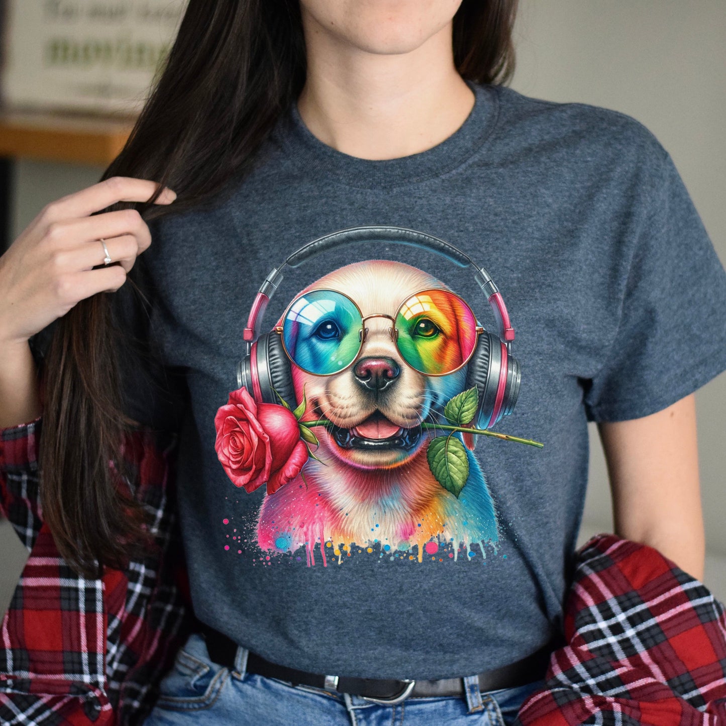 Labrador with Rose Colorful Unisex T-Shirt Cool romantic dog tee Black Navy Dark Heather-Family-Gift-Planet