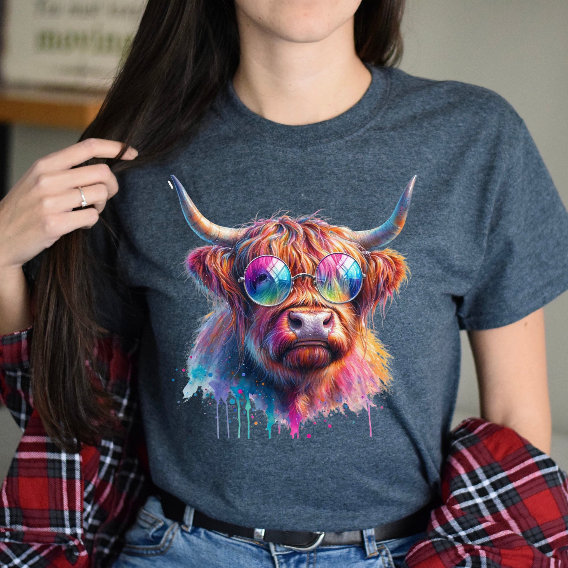 Highland cow Color splash Unisex T-Shirt Cool bull Black Navy Dark Heather-Family-Gift-Planet