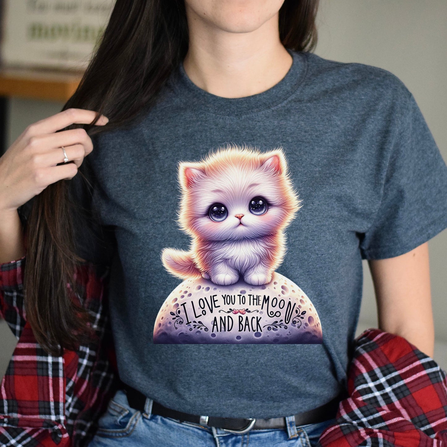 I love you to the moon in back cute kitten Unisex T-shirt Black Navy Dark Heather-Dark Heather-Family-Gift-Planet