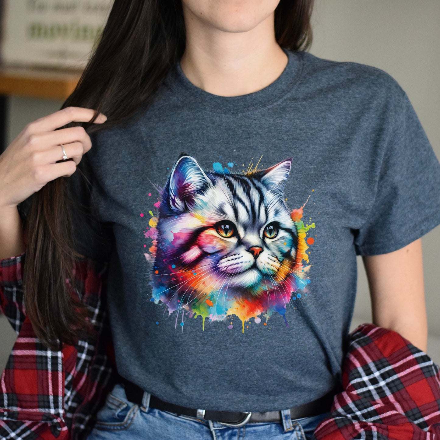 American Shorthair Cat Color Splash Unisex T-Shirt Black Navy Dark Heather-Dark Heather-Family-Gift-Planet