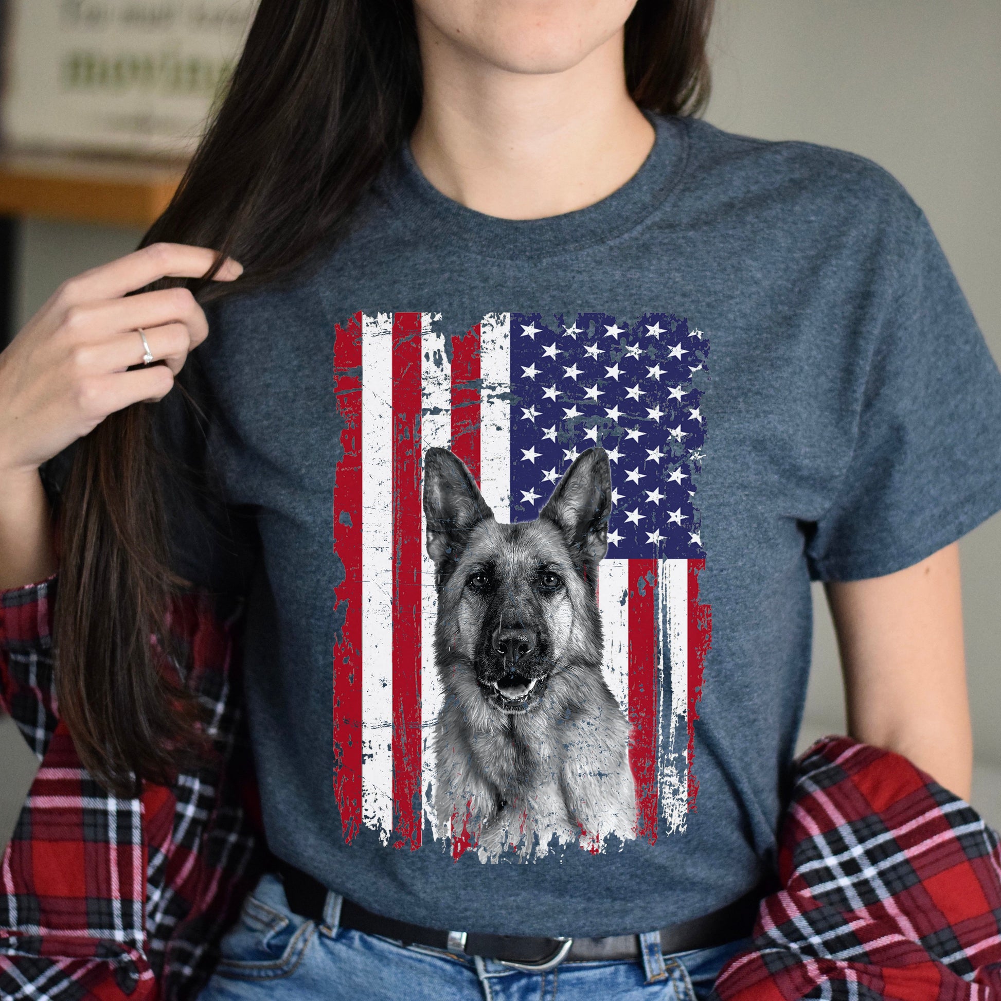 American flag German shepherd Unisex t-shirt gift black navy dark heather-Dark Heather-Family-Gift-Planet