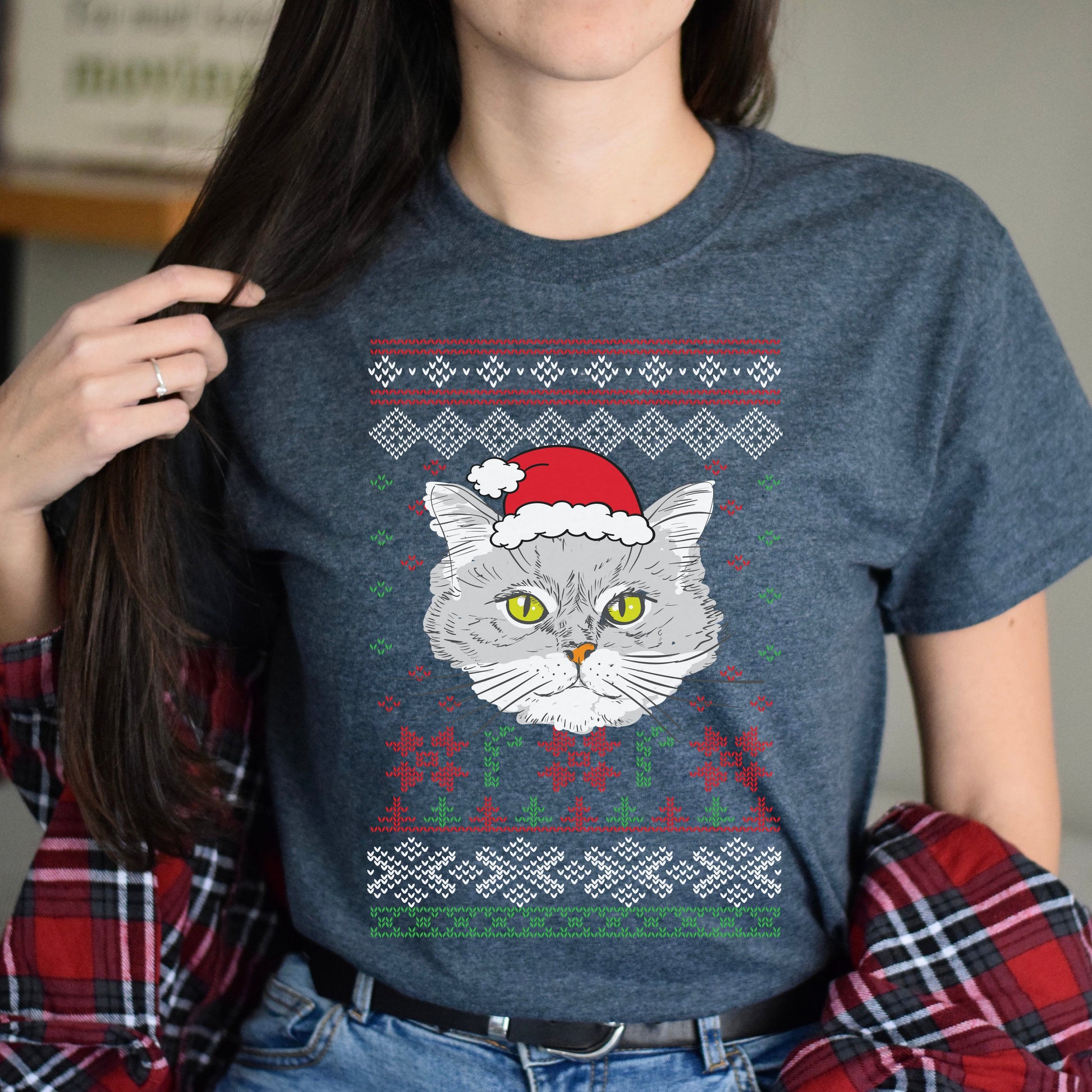 Cat Ugly Sweater Unisex shirt cat Christmas tee Black Dark Heather-Dark Heather-Family-Gift-Planet