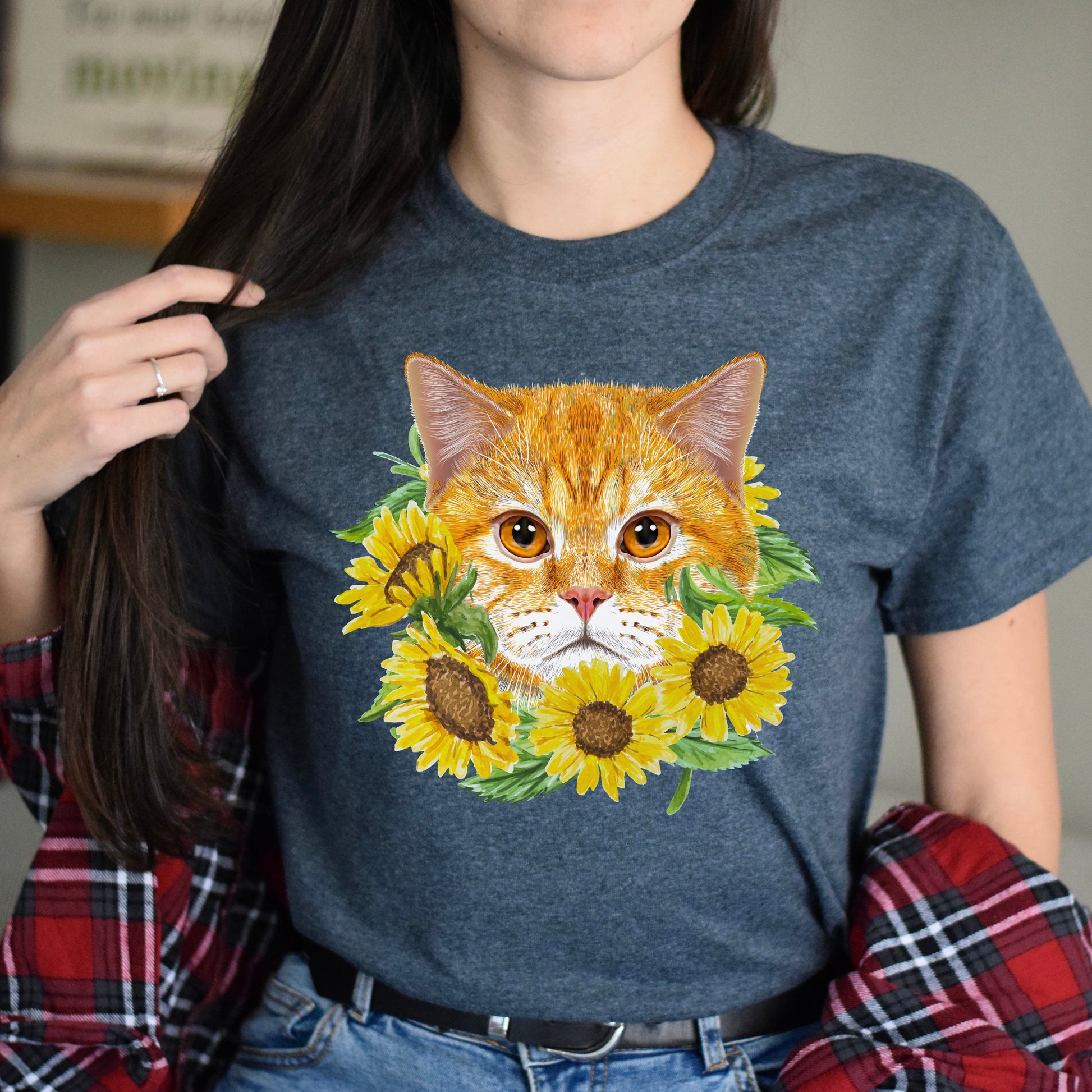 Cat with flowers Unisex shirt cat sunflowers tee Black Dark Heather-Dark Heather-Family-Gift-Planet