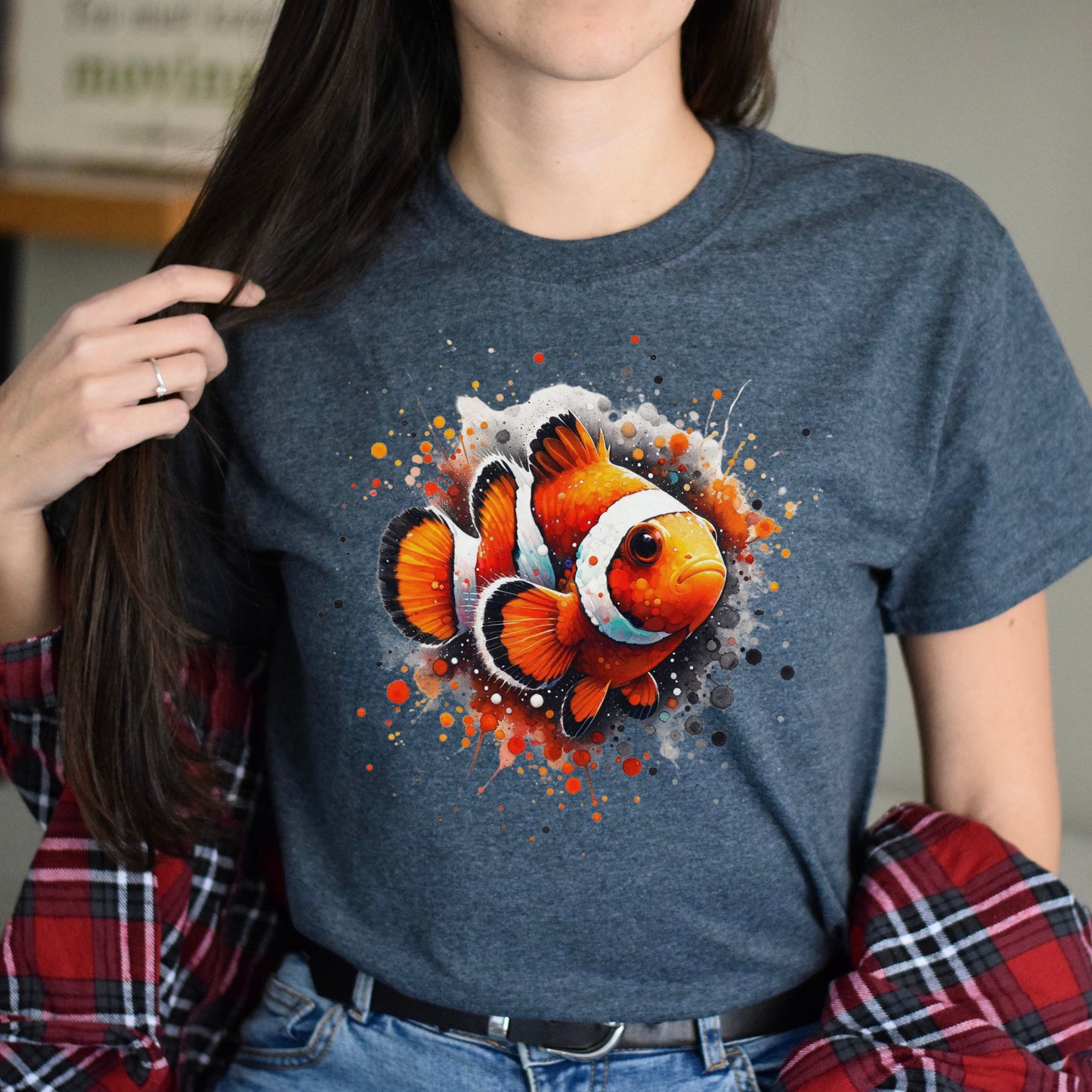 Artistic Clownfish Color Splash Unisex T-shirt Black Navy Dark Heather-Family-Gift-Planet
