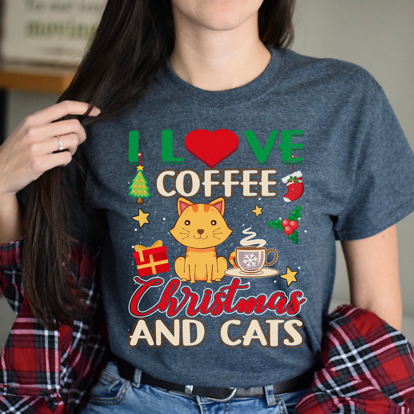 Coffee Christmas and Cats Unisex shirt cat Holiday tee Black Dark Heather-Dark Heather-Family-Gift-Planet
