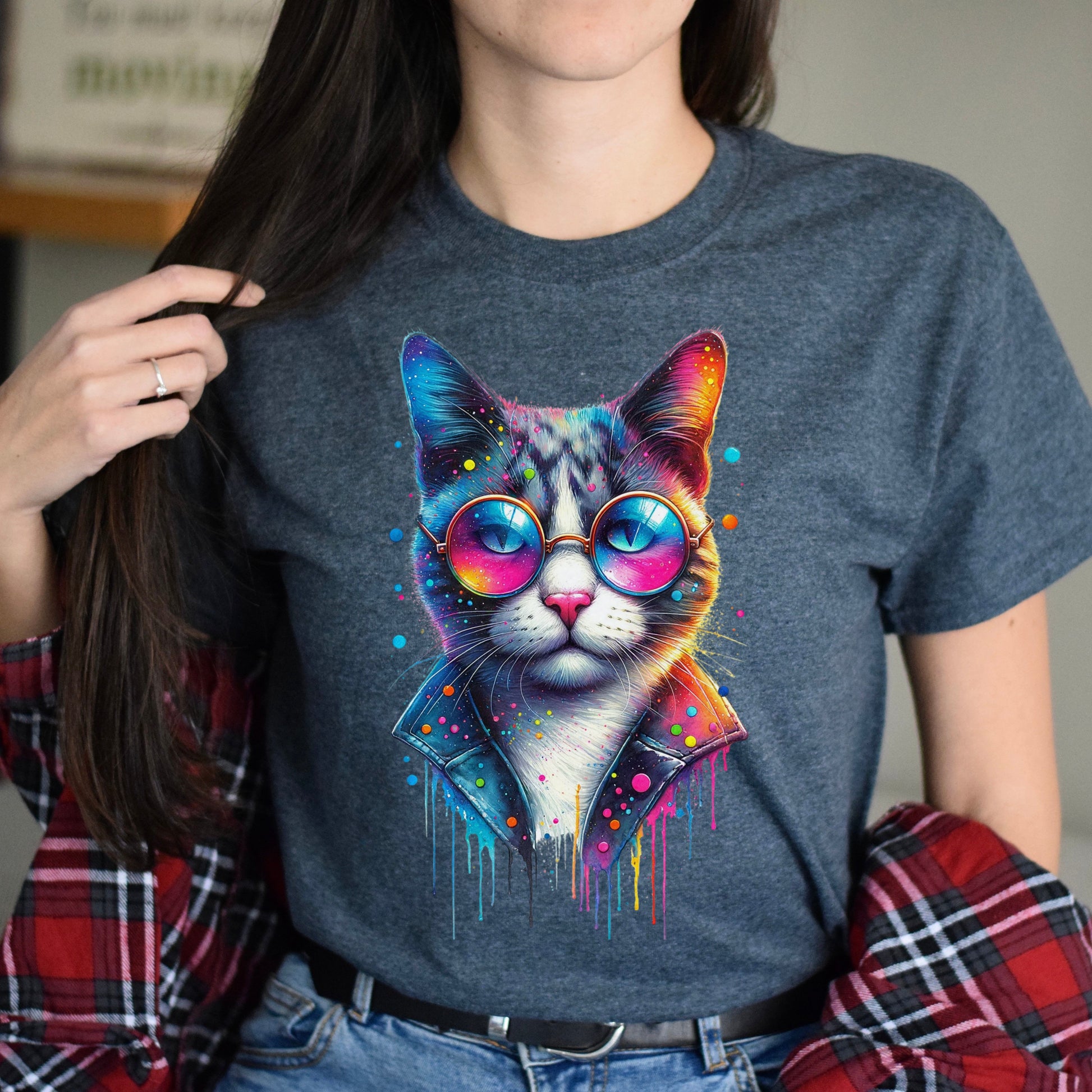 Cool cat with eyeglasses Color Splash Unisex T-shirt Black Navy Dark Heather-Dark Heather-Family-Gift-Planet