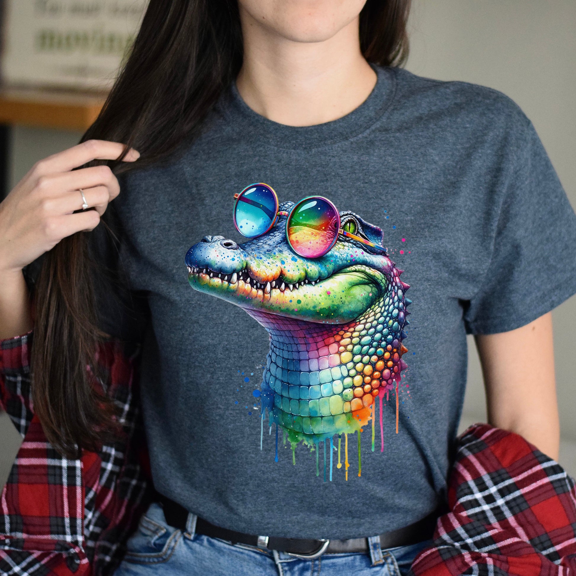 Cool crocodile with eyeglasses Color Splash Unisex T-shirt Black Navy Dark Heather-Family-Gift-Planet