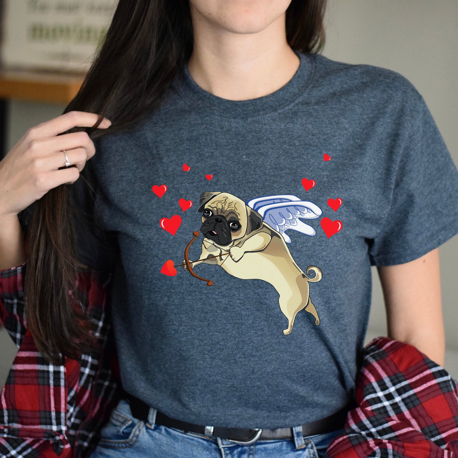 Cupid Pug Unisex T-Shirt gift Valentine Pug dog owner tee black dark heather-Dark Heather-Family-Gift-Planet