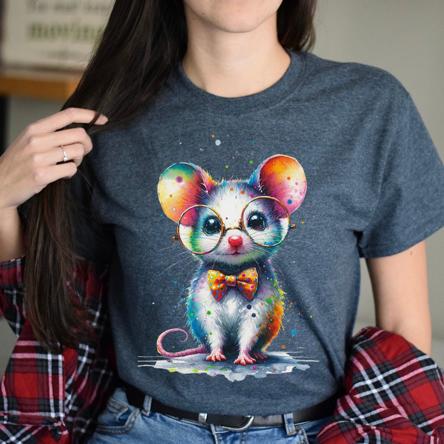 Cute inteligent mouse with glasses Color Splash Unisex T-shirt-Dark Heather-Family-Gift-Planet