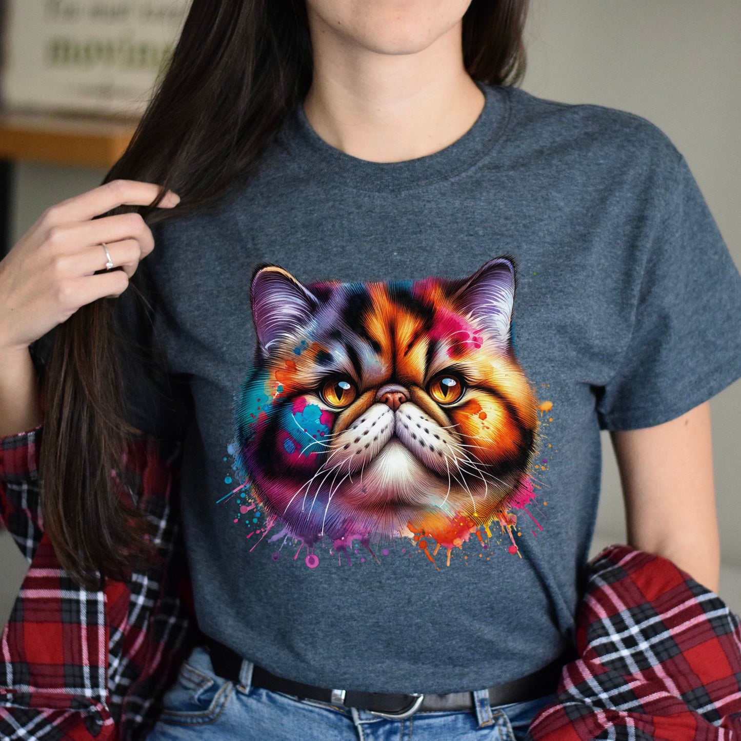 Exotic Shorthair Cat Color Splash Unisex T-Shirt Black Navy Dark Heather-Dark Heather-Family-Gift-Planet