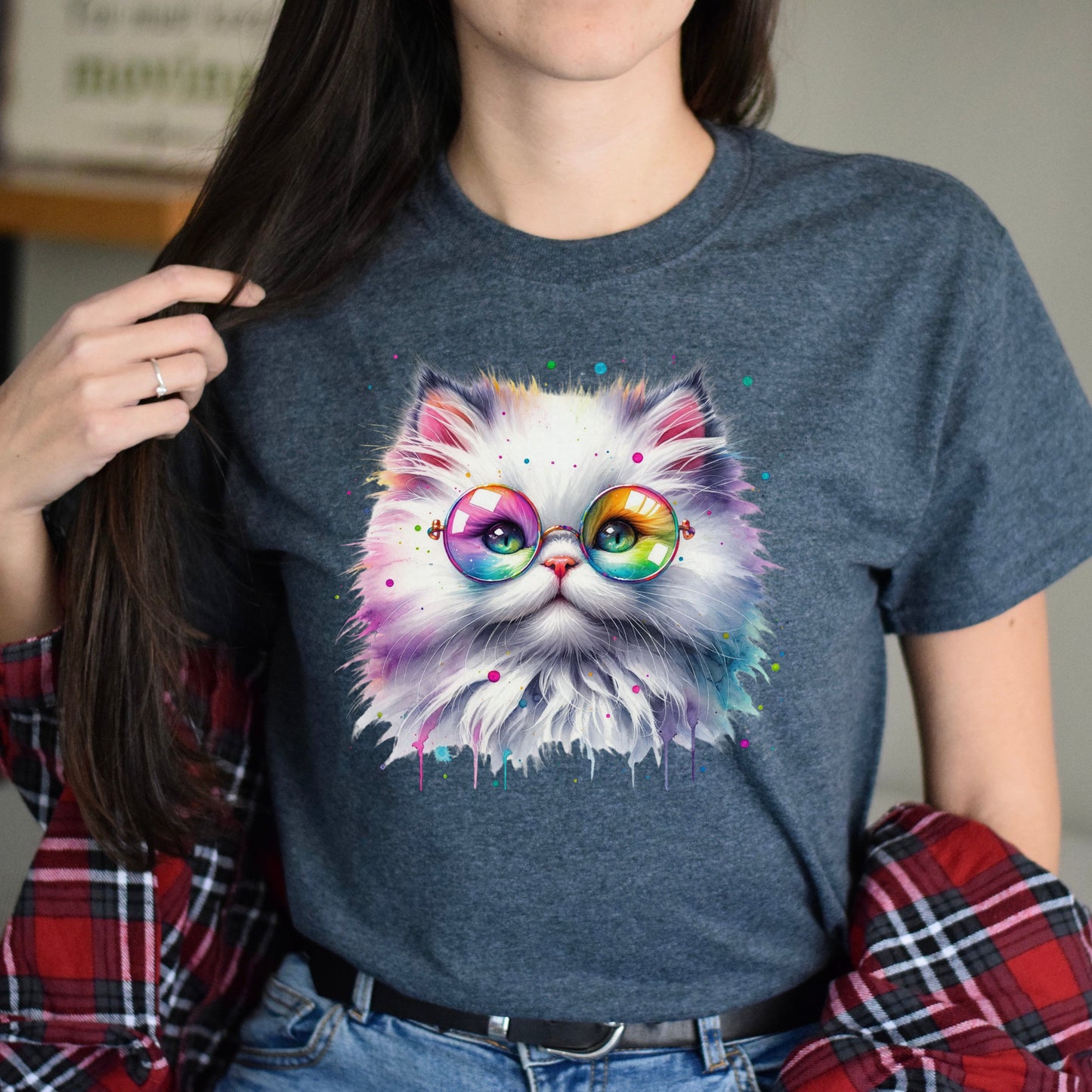 Fluffy kitten with glasses Color Splash Unisex T-shirt Black Navy Dark Heather-Dark Heather-Family-Gift-Planet