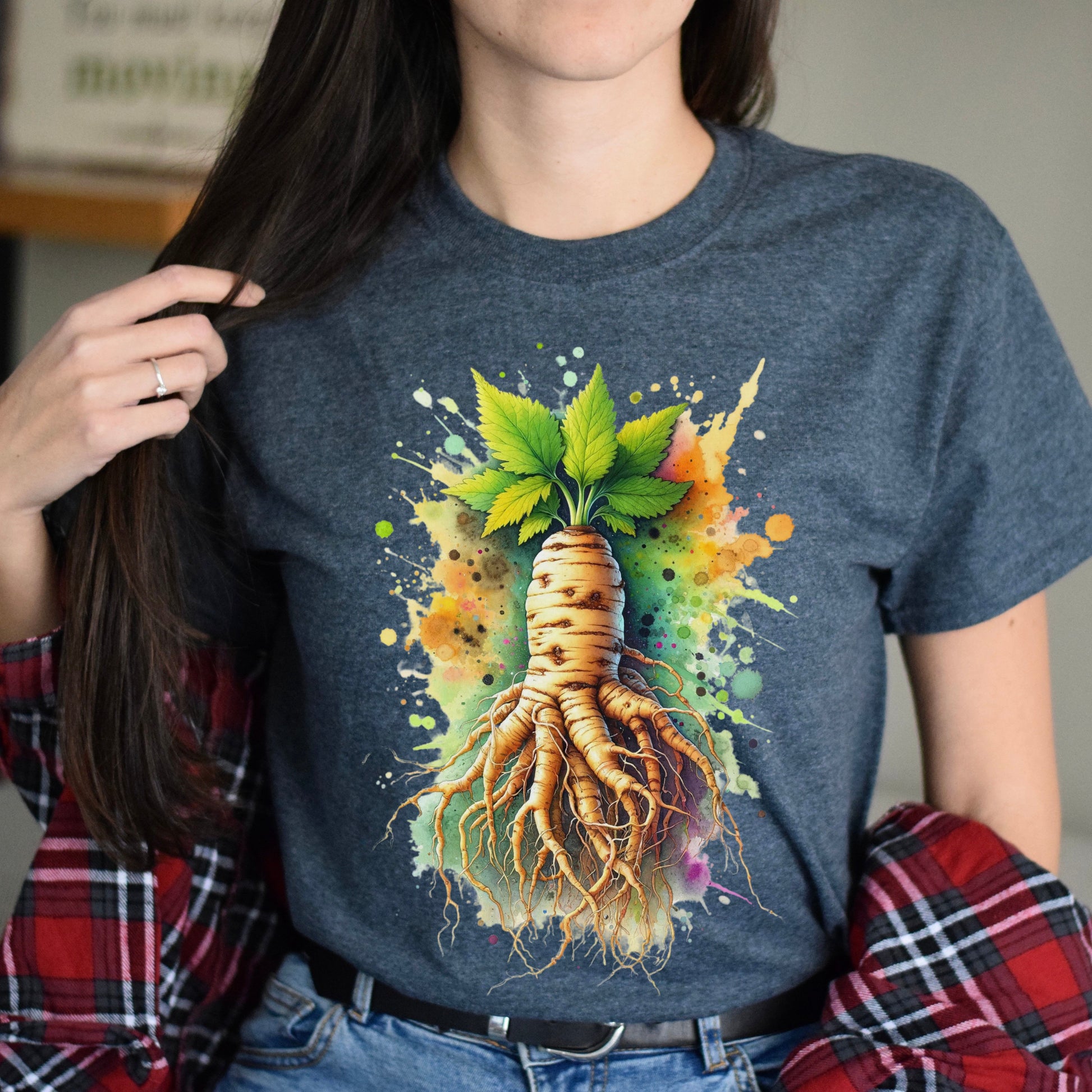 Artistic Ginseng Root Color Splash Unisex T-shirt Black Navy Dark Heather-Family-Gift-Planet