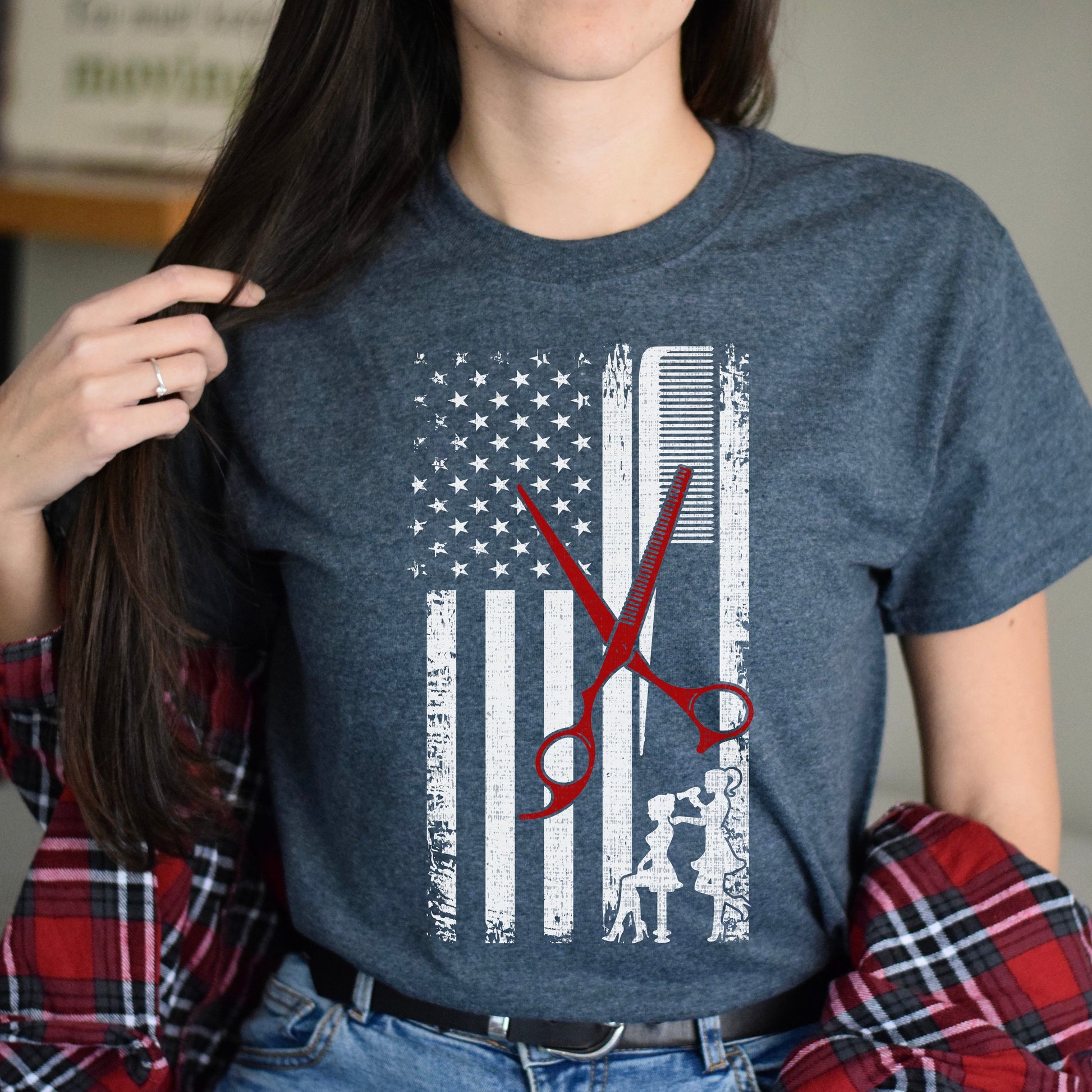 Hair stylist American flag Unisex T-shirt hairdresser haircutter tee black dark heather-Dark Heather-Family-Gift-Planet